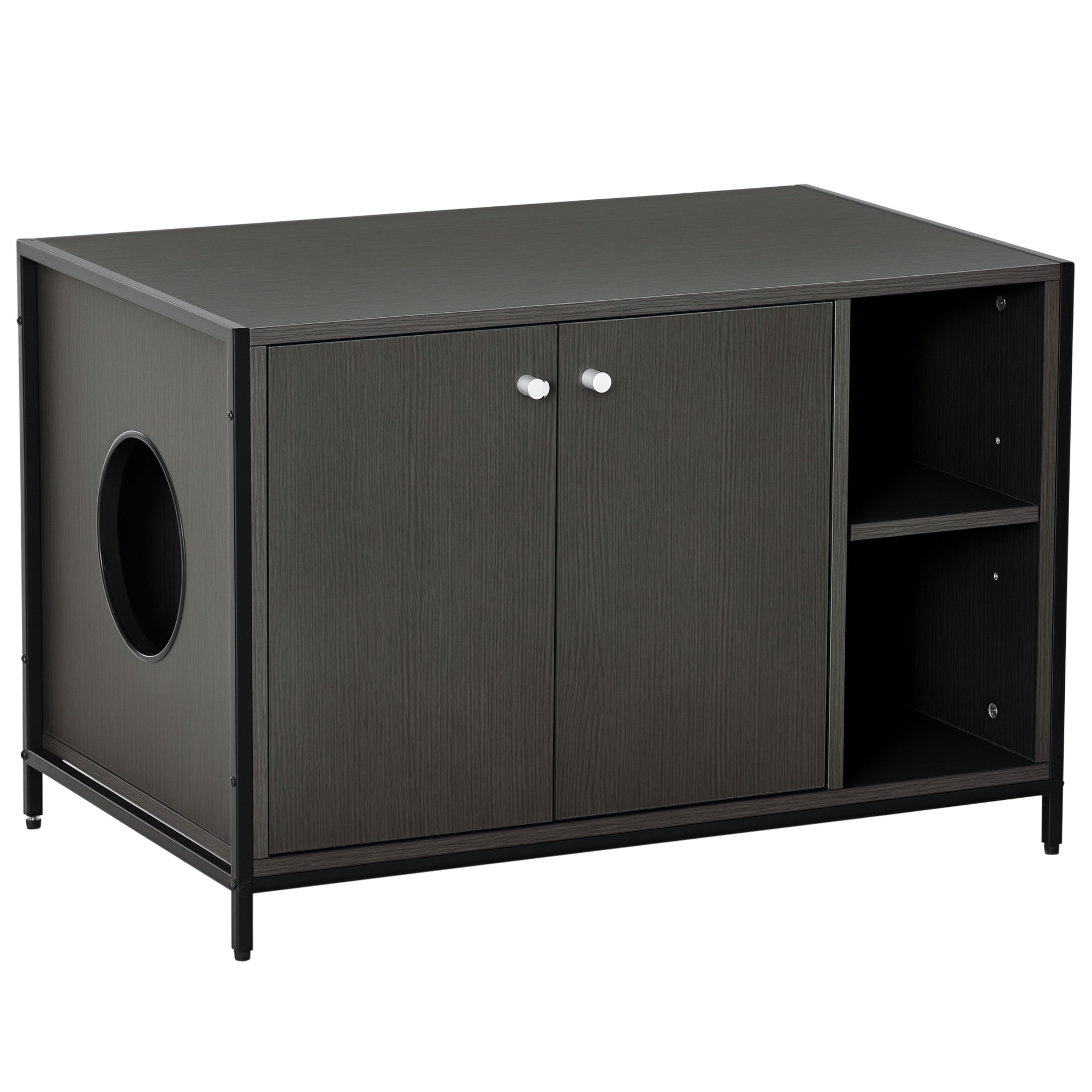 PawHut Large Wooden & Steel Cat Litter Box Enclosure, Kitten Washroom End Table, Indoor Hidden Cat House with Magnetic Doors & Storage Shelves, Black