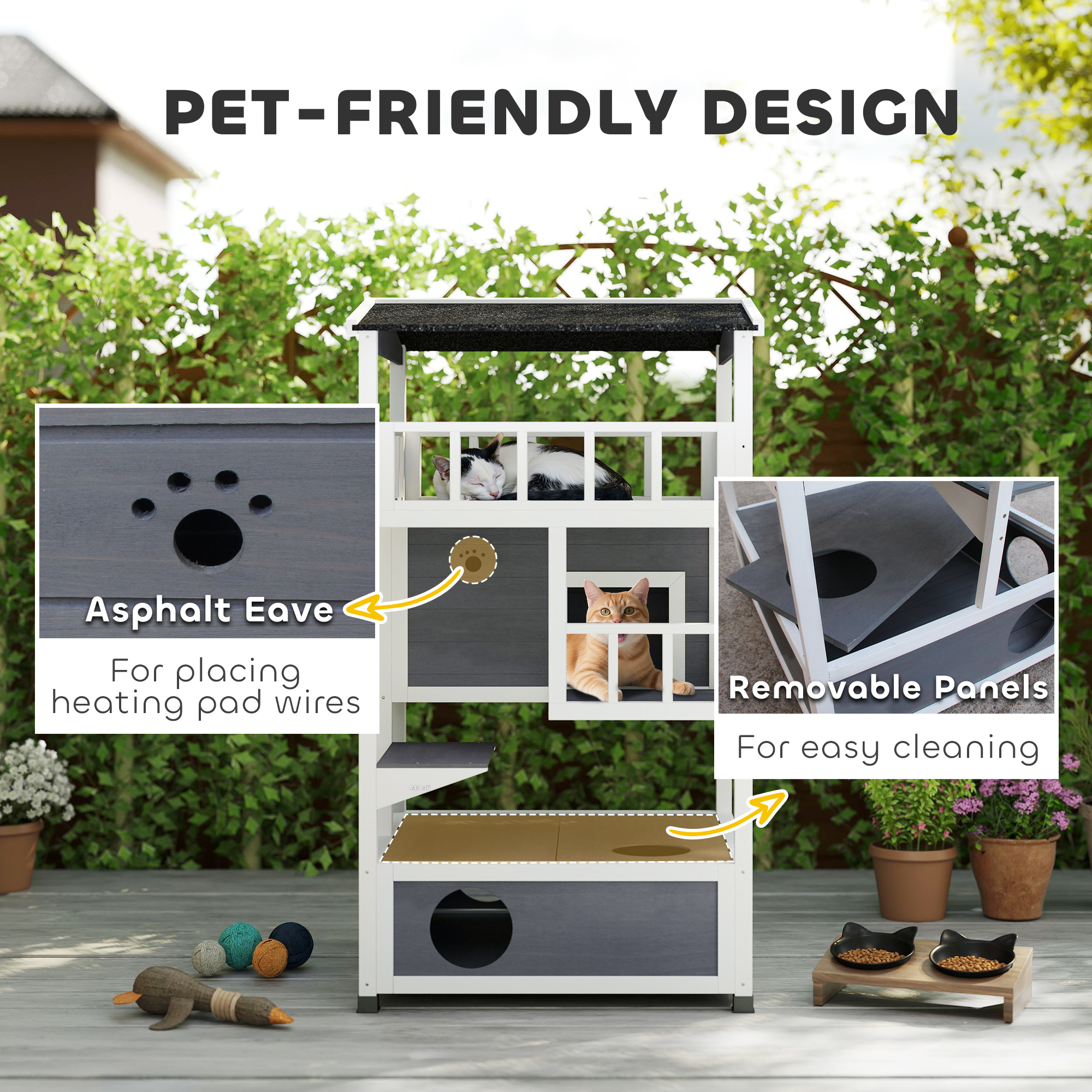 PawHut 4-Floor Solid Wood Cat House with Condo, Fun Entrances