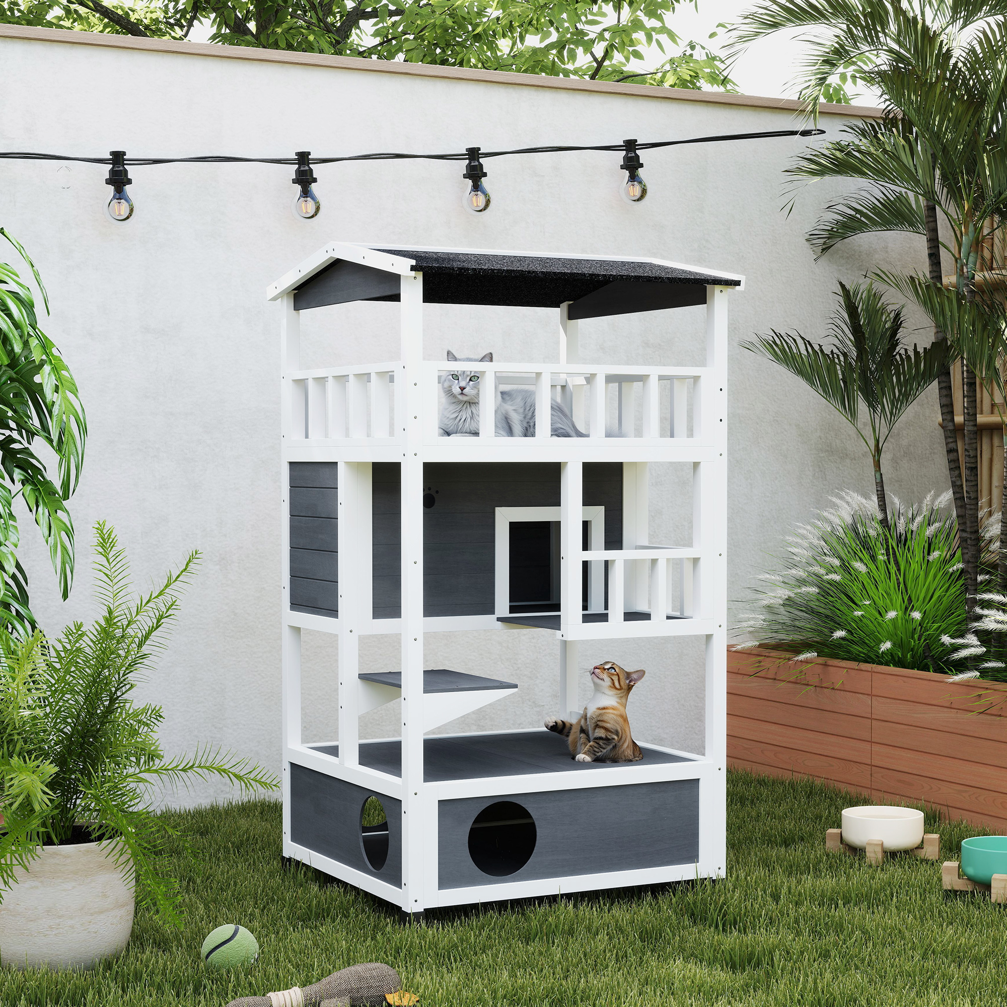PawHut 4-Floor Solid Wood Cat House with Condo, Fun Entrances