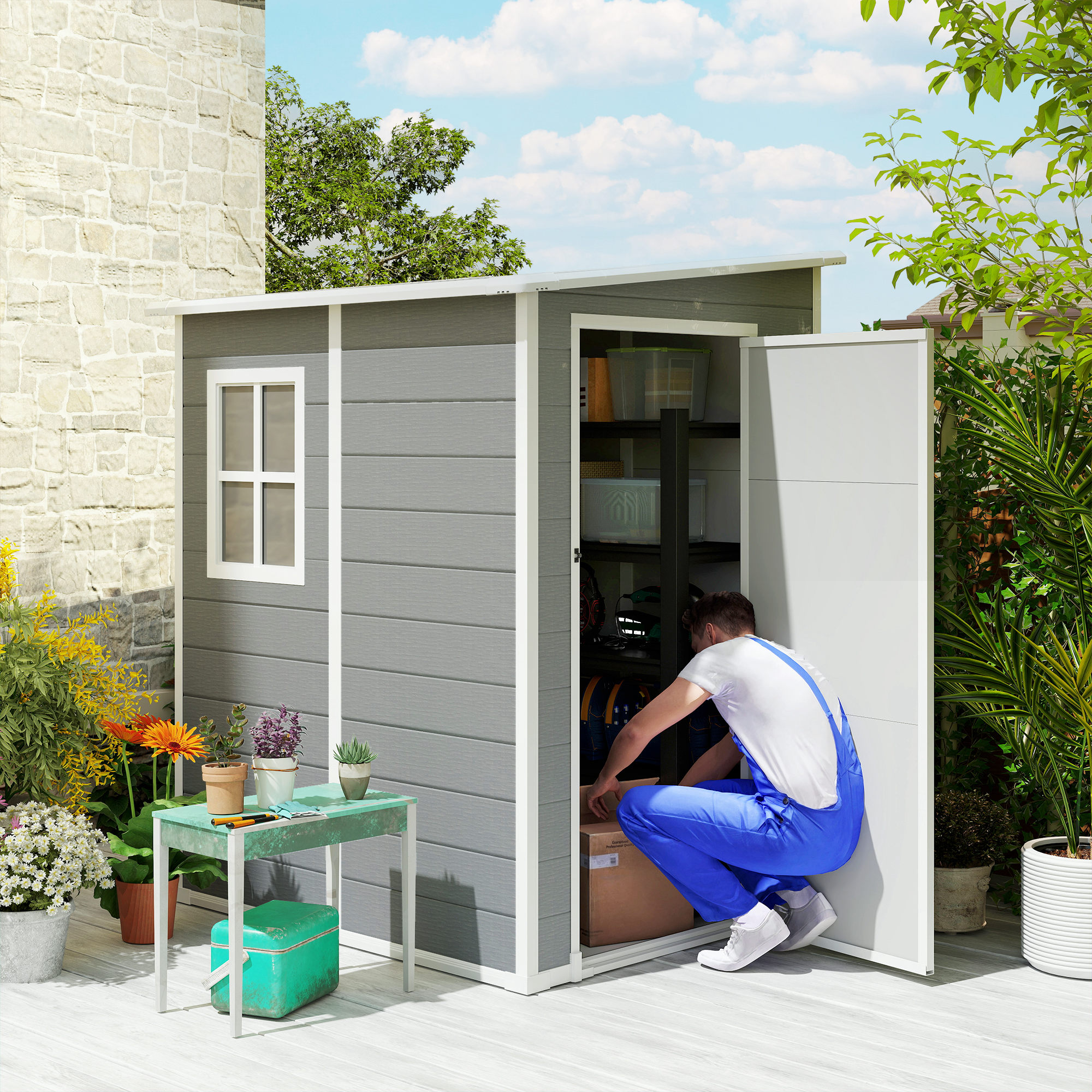 ☆ Creative Garage　SeaSide Outsunny 4'x5' Garden Tool Storage Shed with Window, Vent