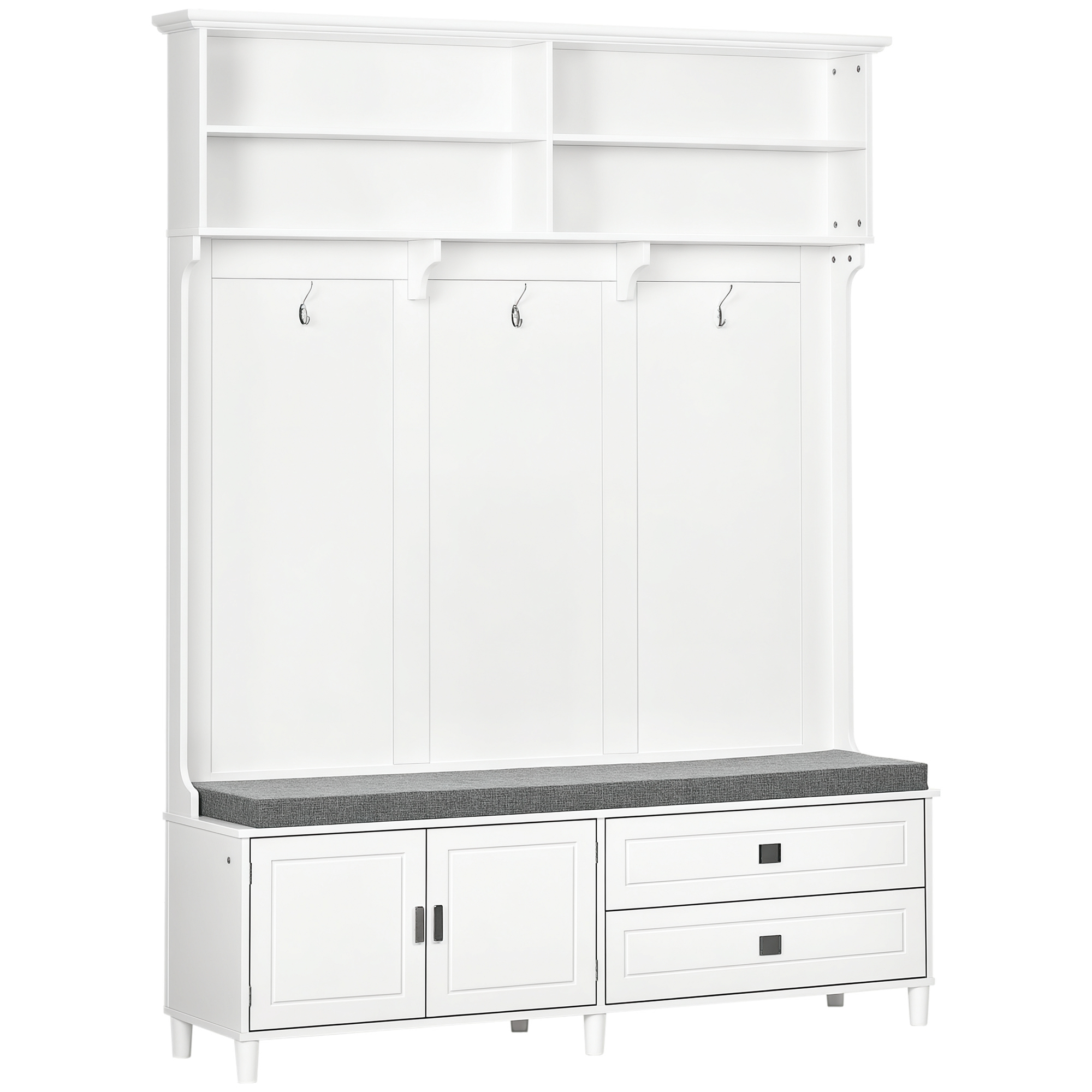 HOMCOM Hall Tree with Storage Bench, Entryway Bench with Coat Rack, Accent Coat Tree with Storage Shelves, Cabinet and Drawers for Hallway, Mudroom, W