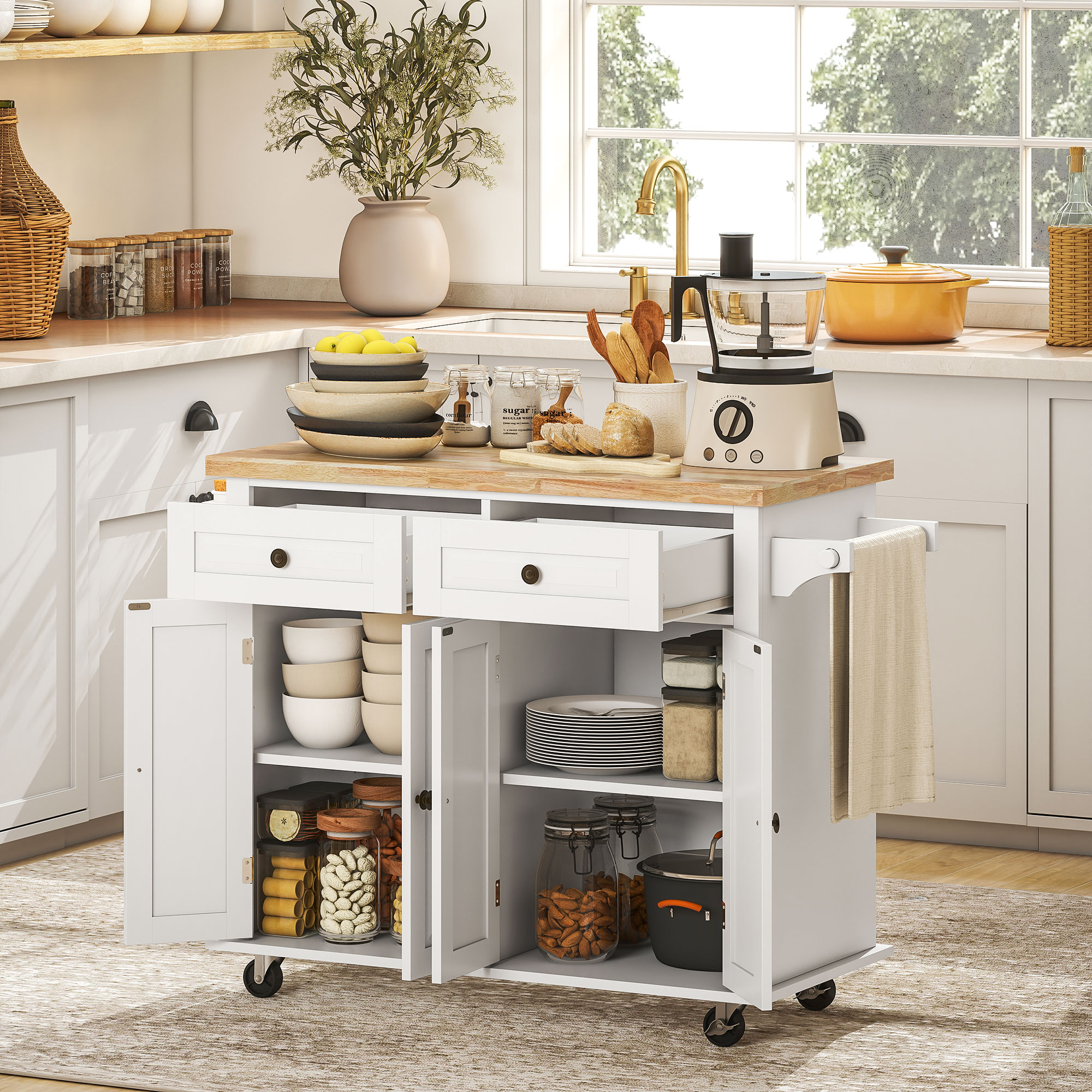 HOMCOM Pristine Pantry: Kitchen Island Trolley Cart Rolling Storage with Rubber Wood Top, Spice Rack, Towel Rack, White Finish Aosom Canada