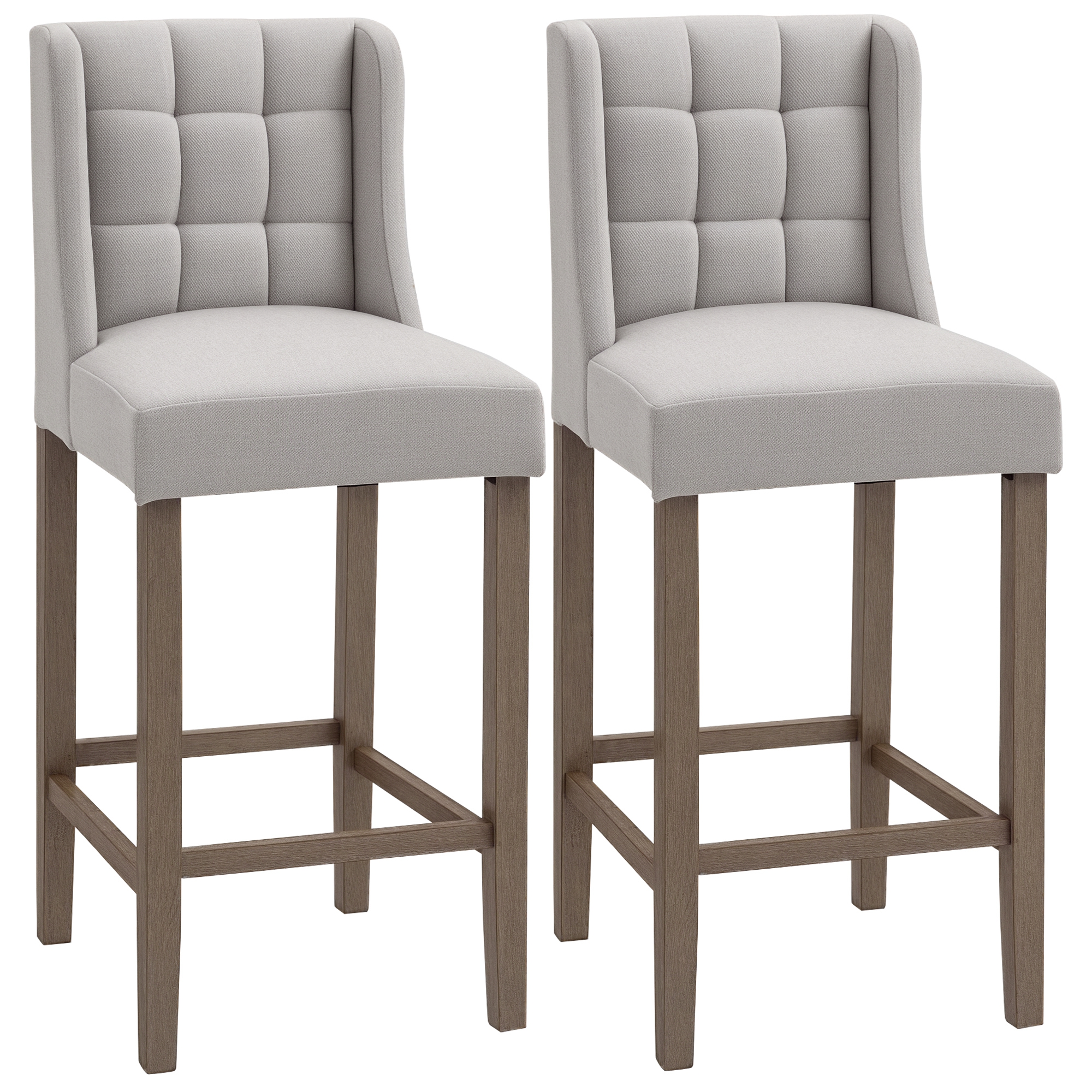 HOMCOM Modern Bar Stools, Tufted Upholstered Barstools, Pub Chairs with Back, Rubber Wood Legs for Kitchen, Dinning Room, Set of 2, Beige