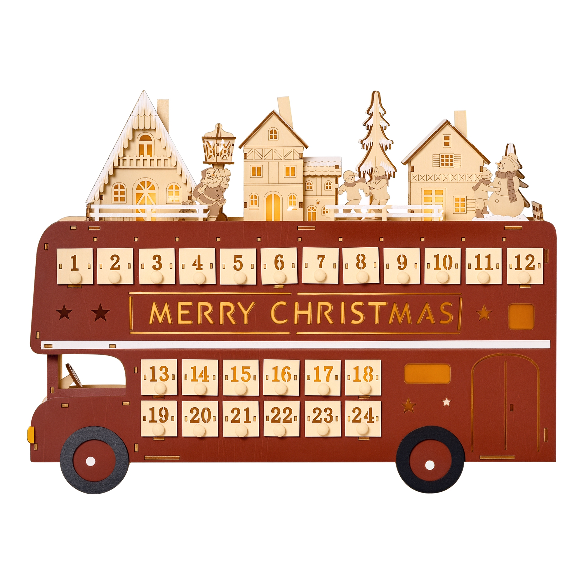HOMCOM Christmas Advent Calendar, Light Up Table Xmas Wooden Bus Holiday Decoration with Countdown Drawer, Santa Claus Street House, for Kids and Adul