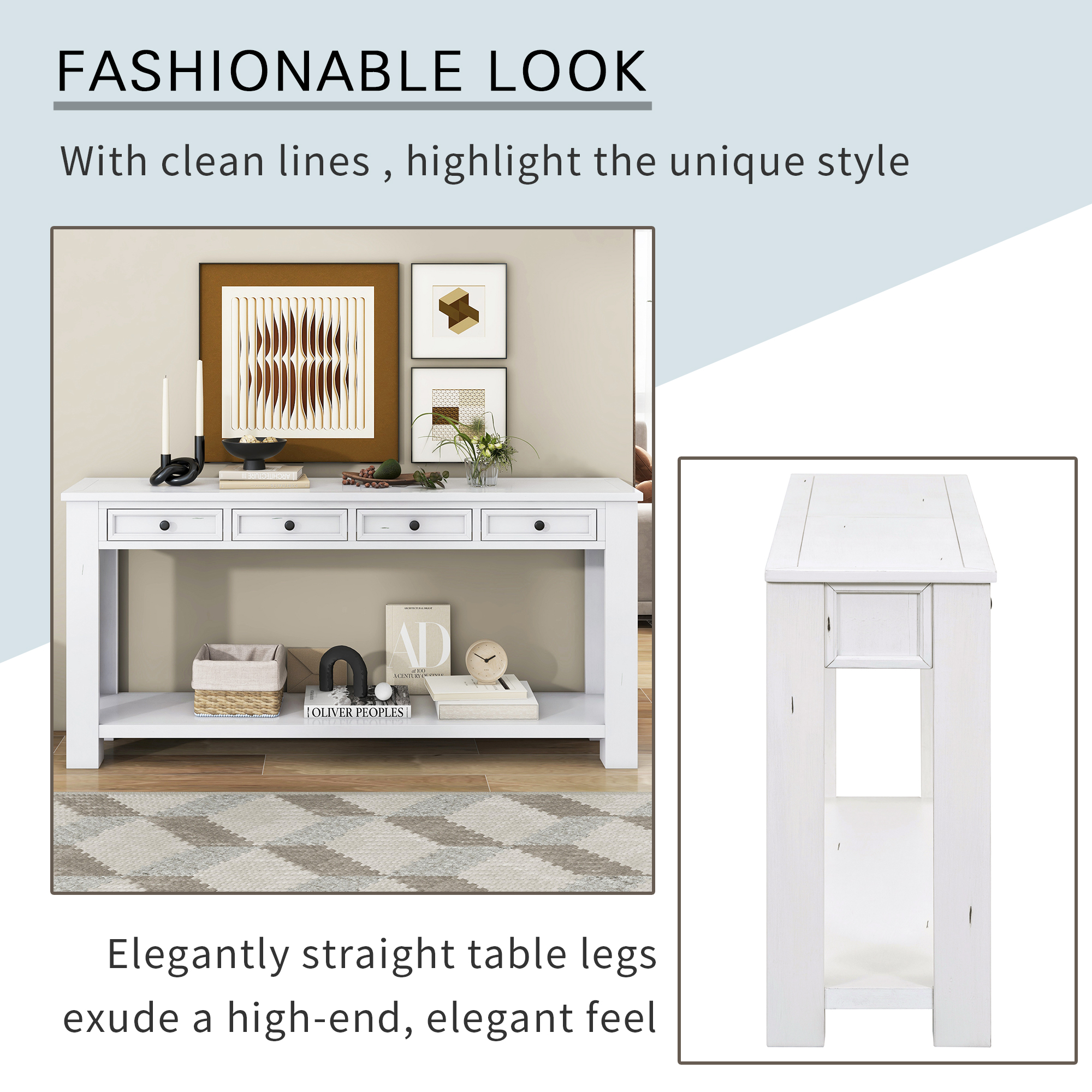 Rustic Chic Console Table with 4 Storage Drawers, White | Aosom Canada