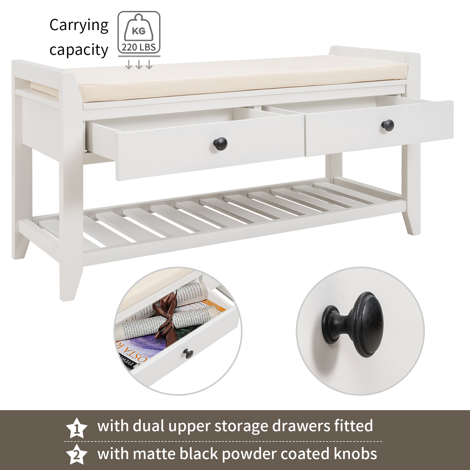 Multipurpose Entryway Storage Bench with Pine Wood Construction