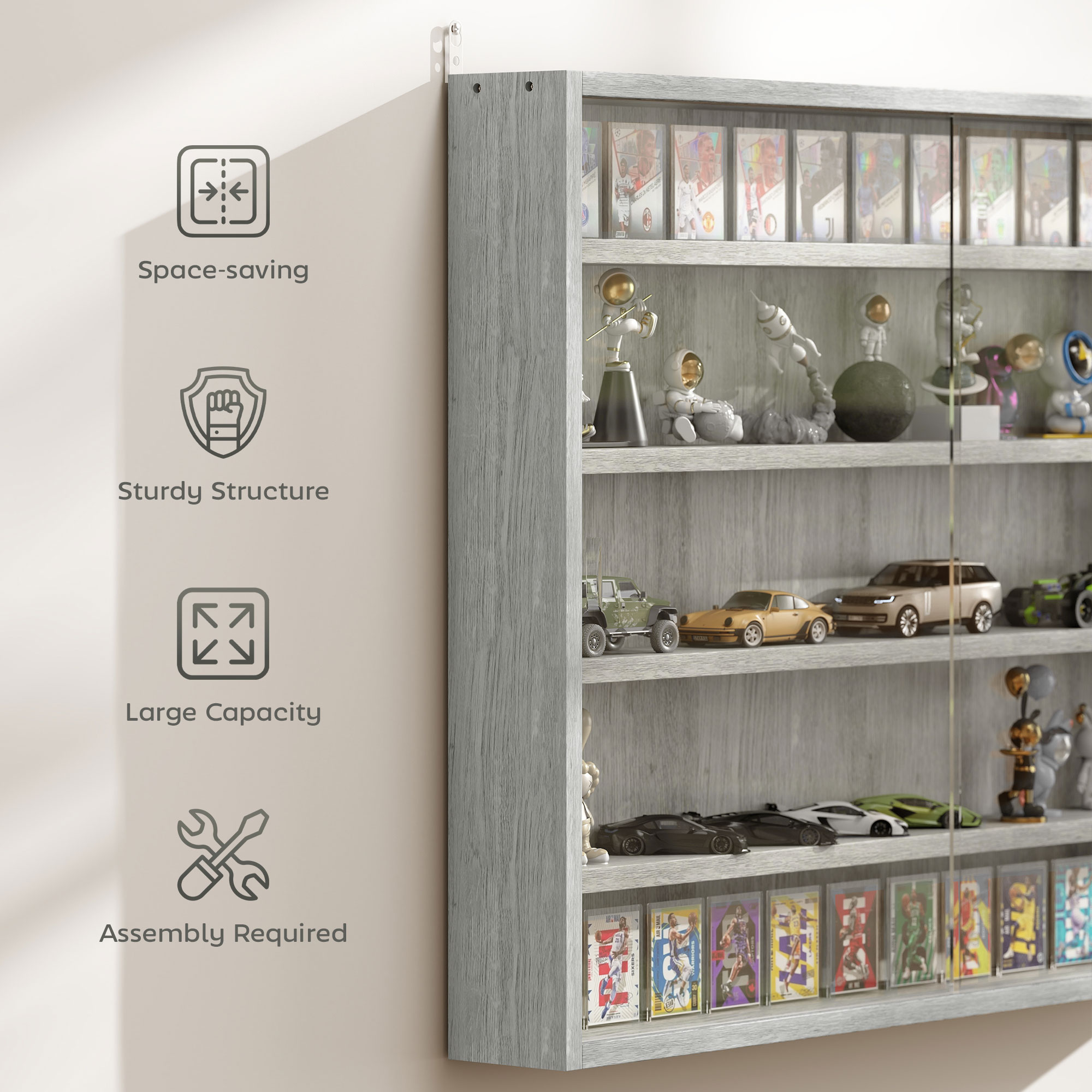 5-Tier Wall Mounted Display Case with 2 Glass Doors and Adjustable ...