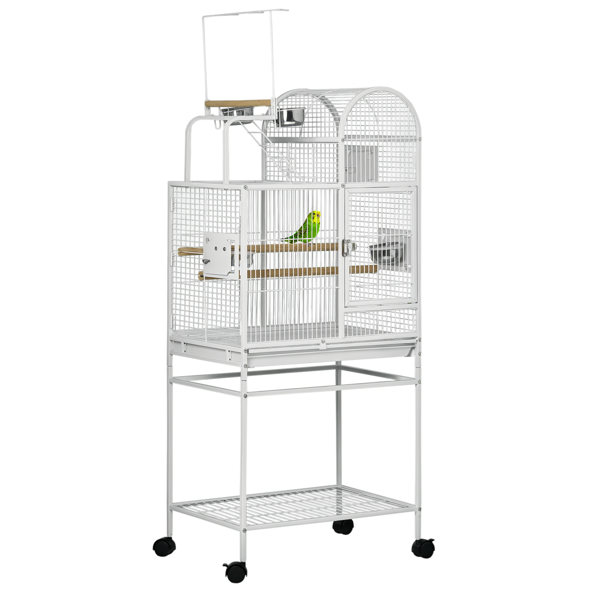 PawHut 55" Large Parrot Cage with Toy Hooks Above Top Bird Perch, Tray, Food Cups, Rolling Stand, Bird Cage for Cockatiels, Parakeets, Lovebirds