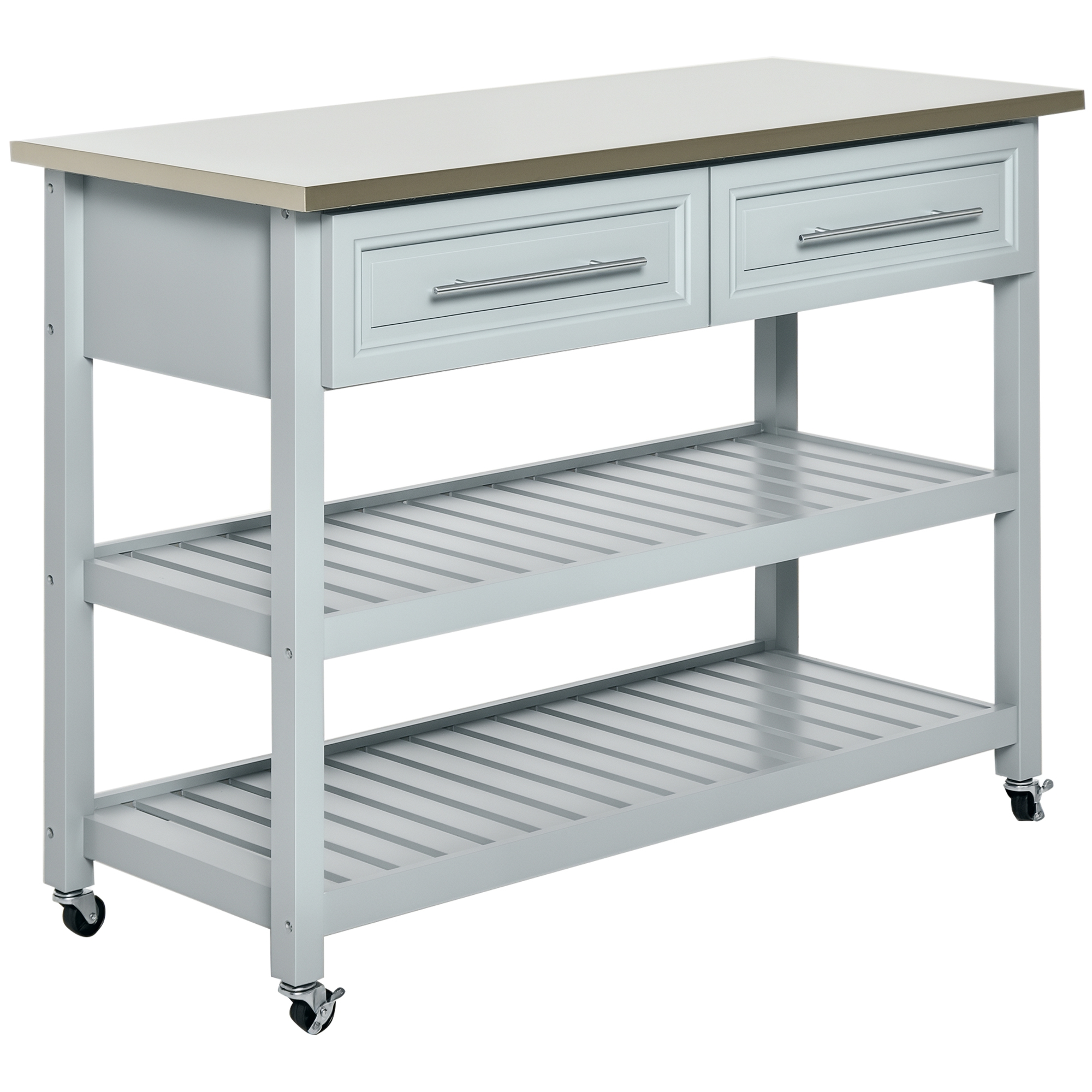 HOMCOM Kitchen Island with Stainless Steel Top, Traditional Kitchen Island with Storage, 2-Tier Open Shelves, Drawers, Light Gray