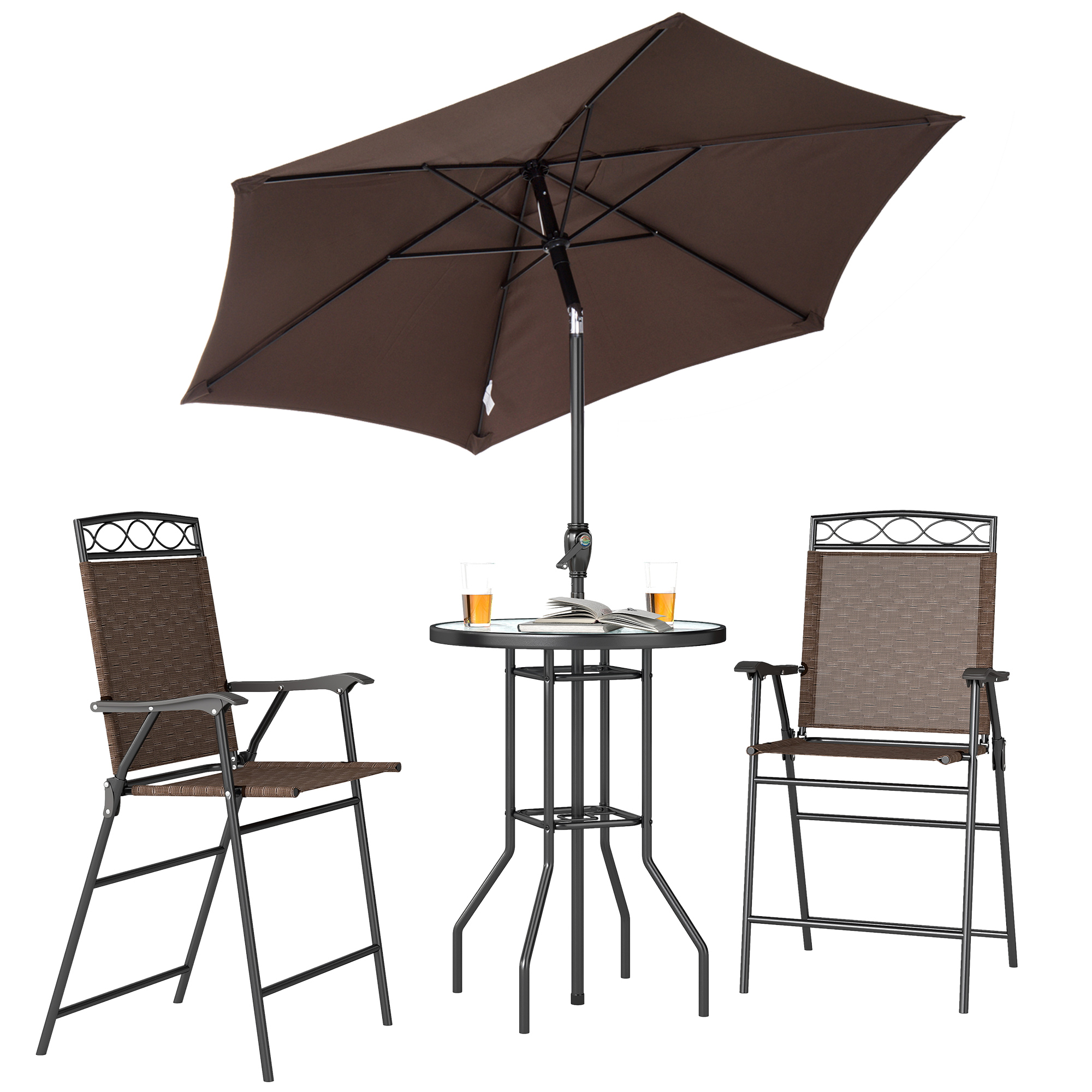 Outsunny 4 Piece Outdoor Bar Set with Umbrella, Patio Dining Set with 2 Folding Chairs, Wave Textured Tempered Glass Table for Backyard, Garden, Deck,