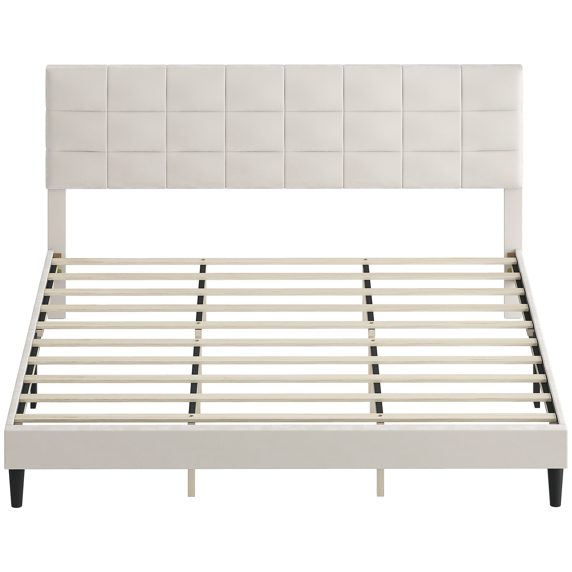 Modern Platform Sleep Structure with Wood Slats, King Size Sleep Structure with Upholstered Headboard, 1100 lbs Capacity, Cream 1