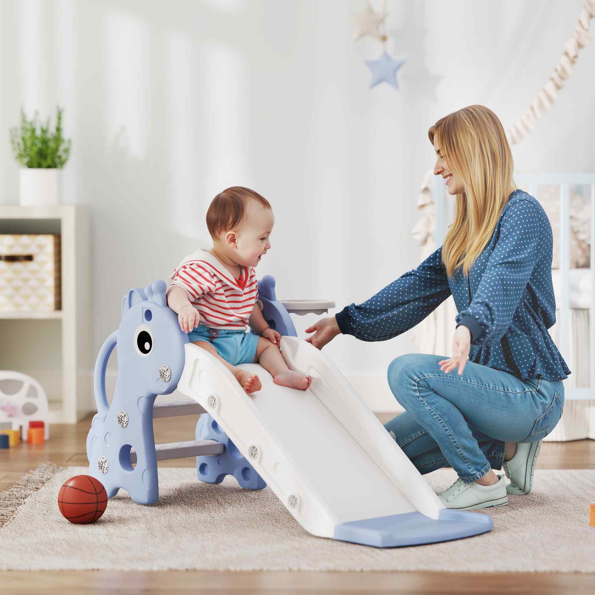 Qaba 3 in 1 Toddler Slide for Age 1-3, Kids Slide with Climber, Basketball Hoop and Ball, Giraffe Design, Blue Aosom Canada
