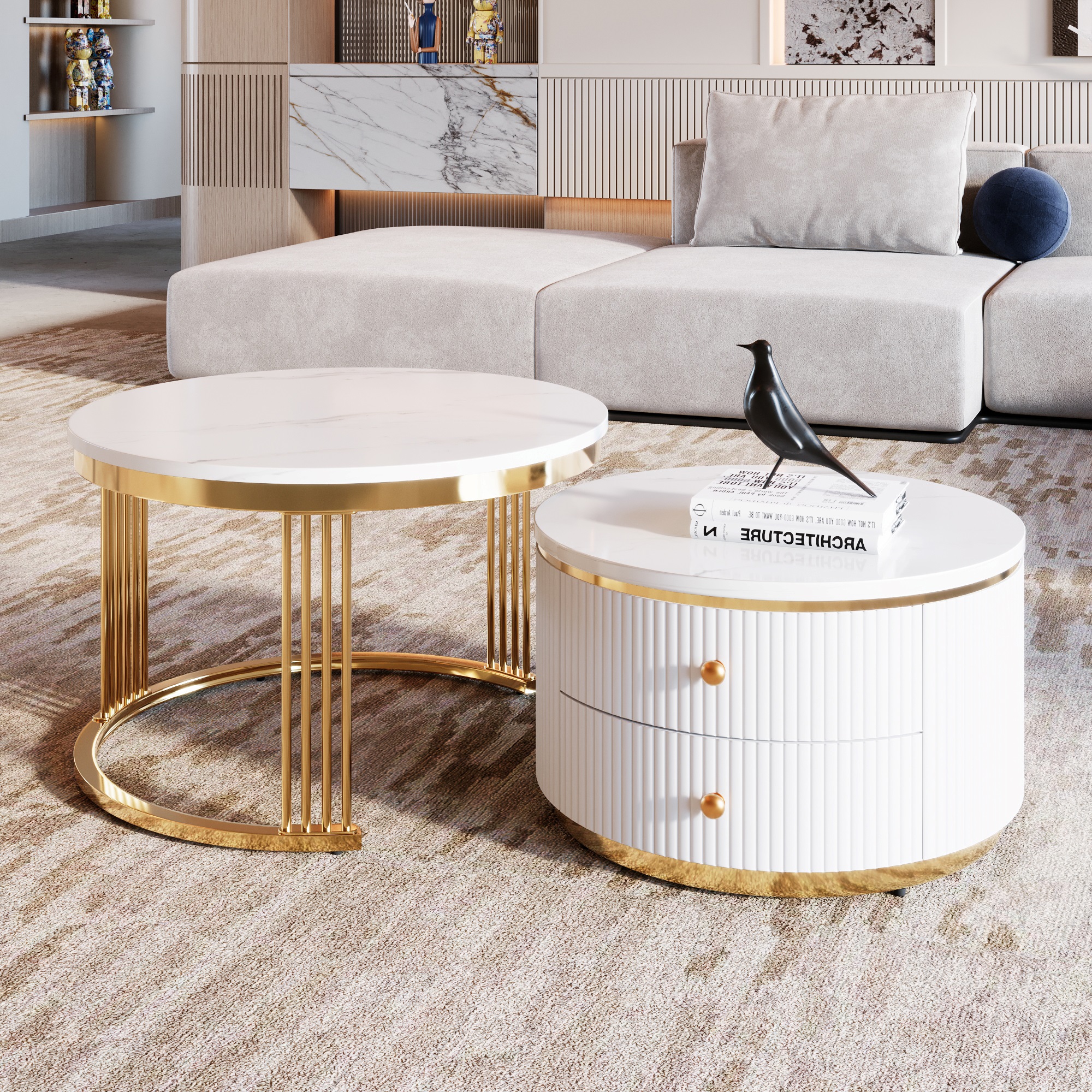 Modern Round Nesting Coffee Table Set with Drawers, White+Gold | Aosom ...