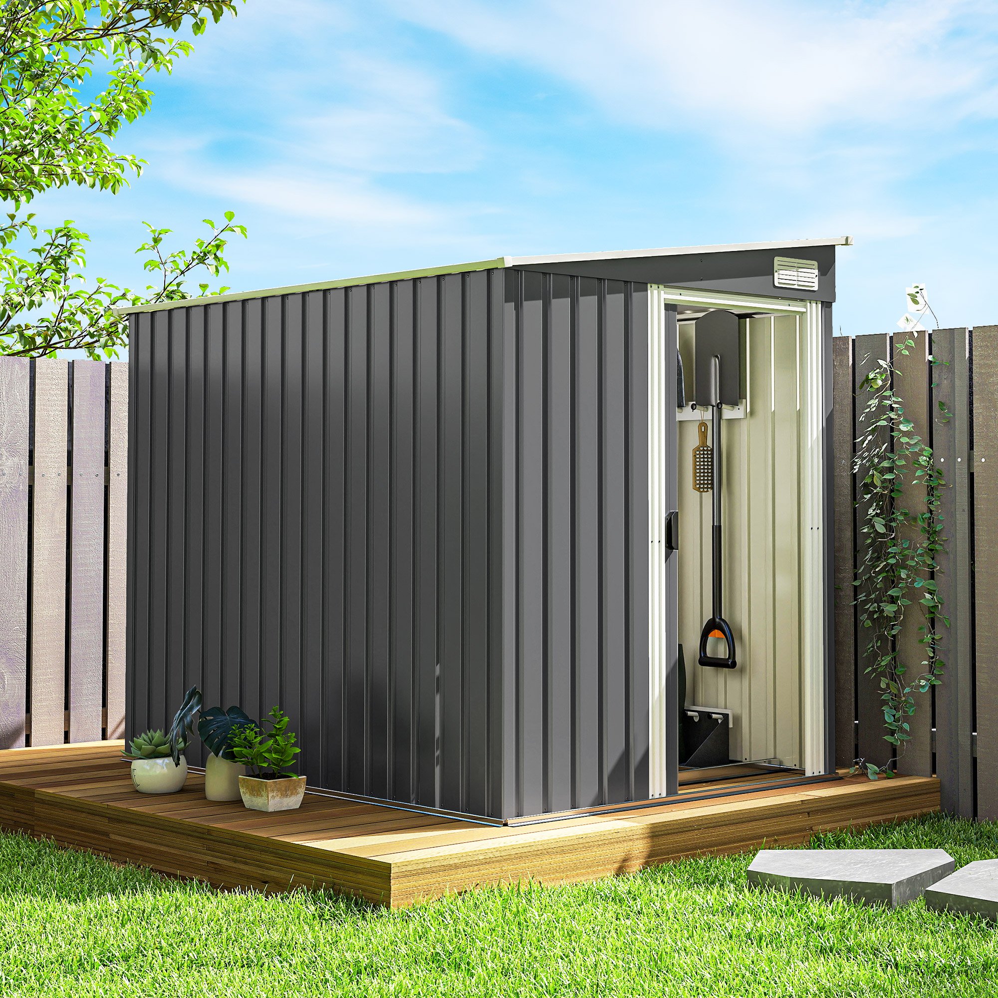 Outsunny 5'x7' Lean to Galvanized Metal Garden Shed Dark Grey