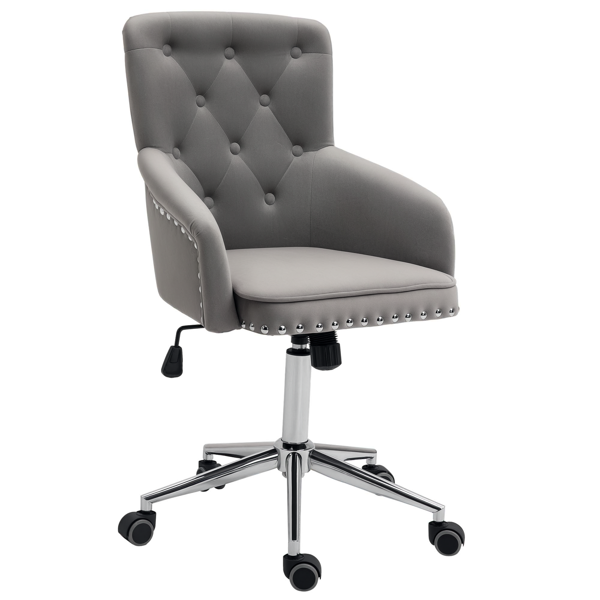 HOMCOM Modern Mid-back Desk Chair with Button Tufted Velvet Back, Nailhead Trim, Swivel Home Office Chair with Adjustable Height, Curved Padded Armres