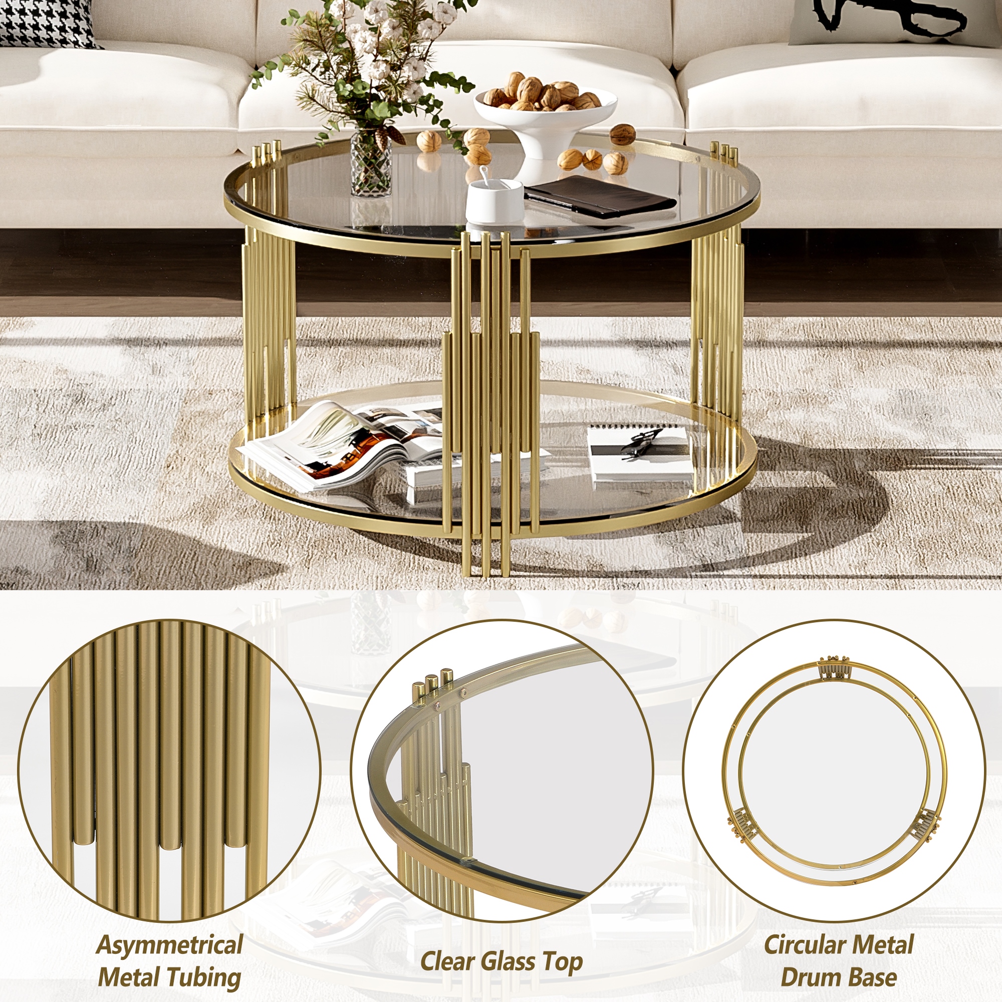 Modern Glass Coffee Table with Asymmetrical Metal Design, Gold