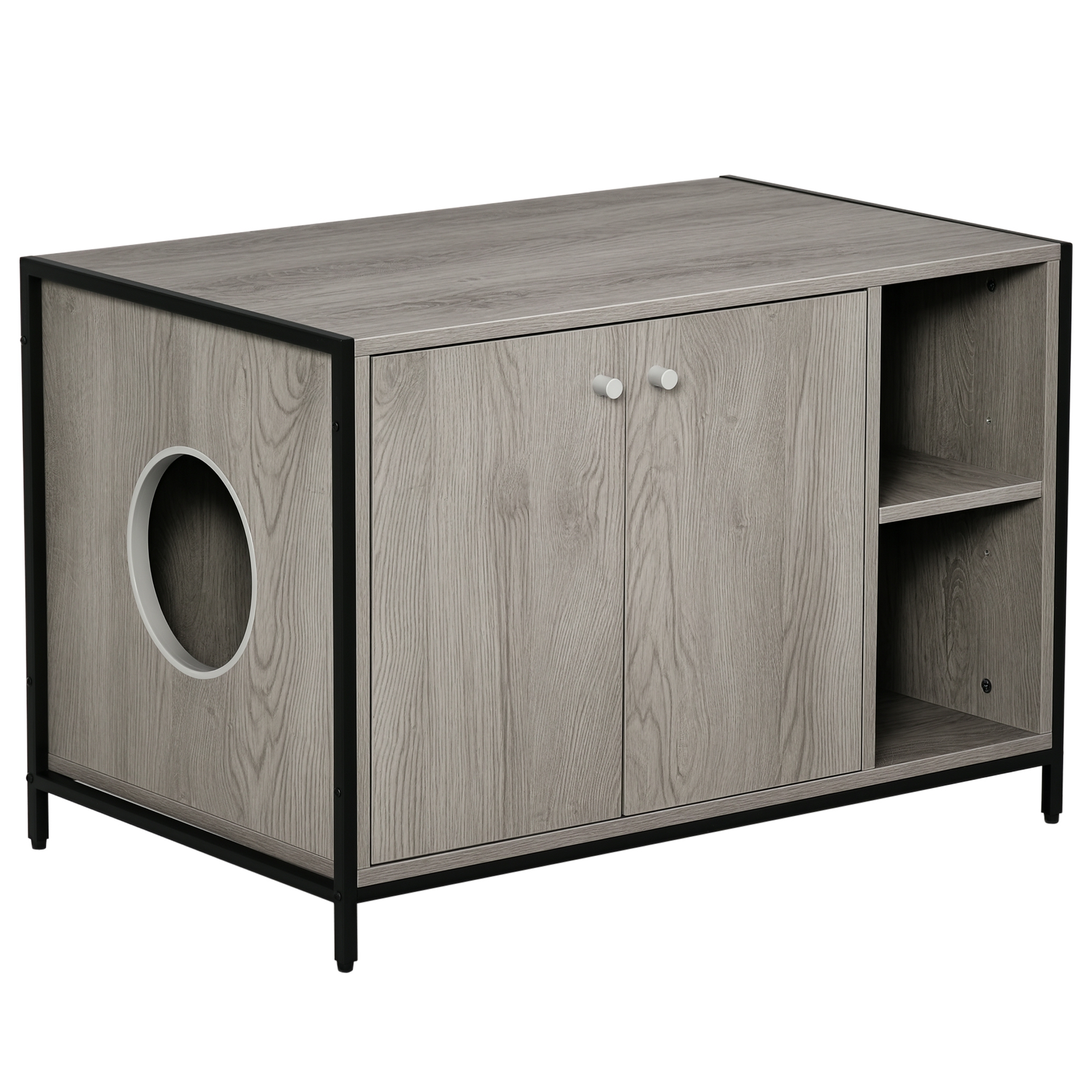PawHut Large Wooden & Steel Cat Litter Box Enclosure, Kitten Washroom End Table, Indoor Hidden Cat House with Magnetic Doors & Storage Shelves, Gray