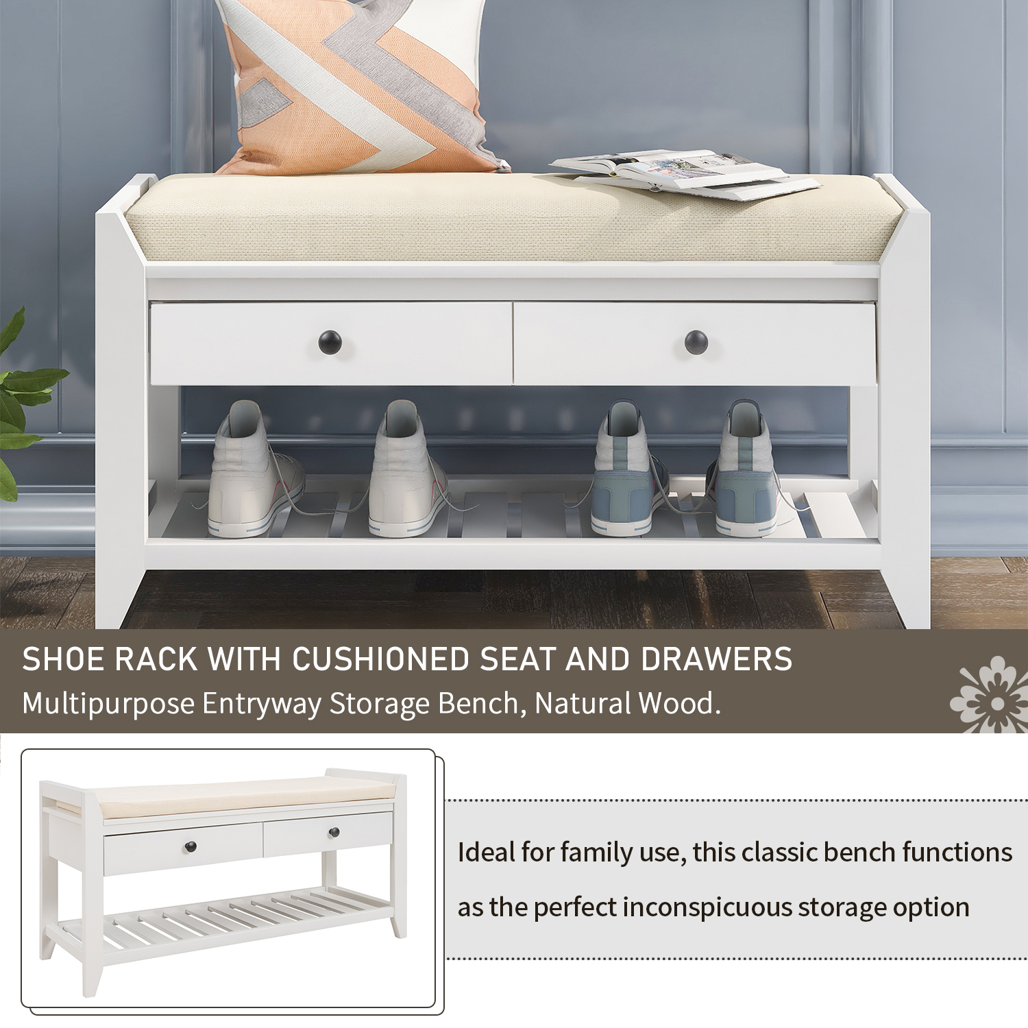Multipurpose Entryway Storage Bench with Pine Wood Construction