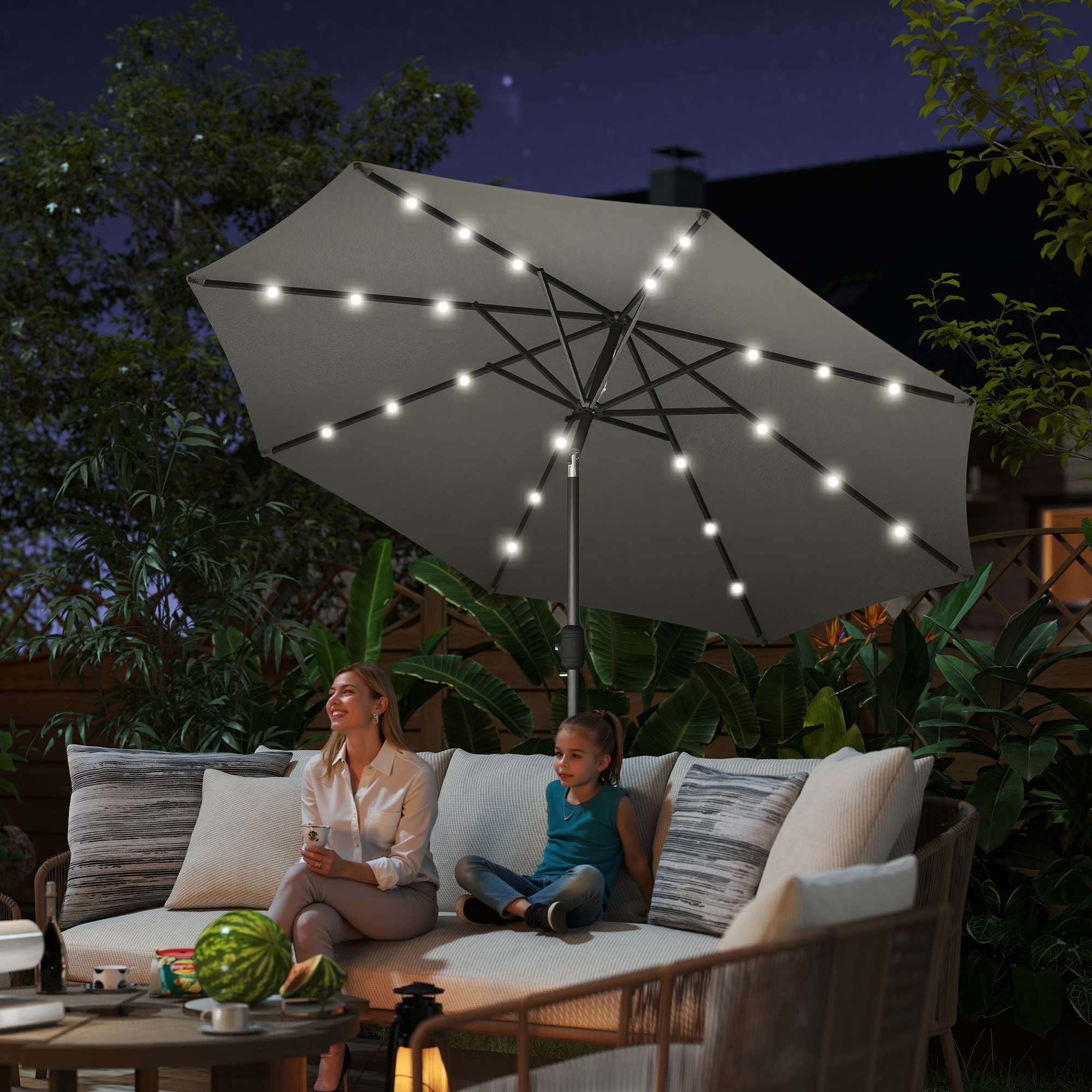 【Adul】PATIO Outsunny 8.8 ft Solar Powered Outdoor Patio Umbrella Round