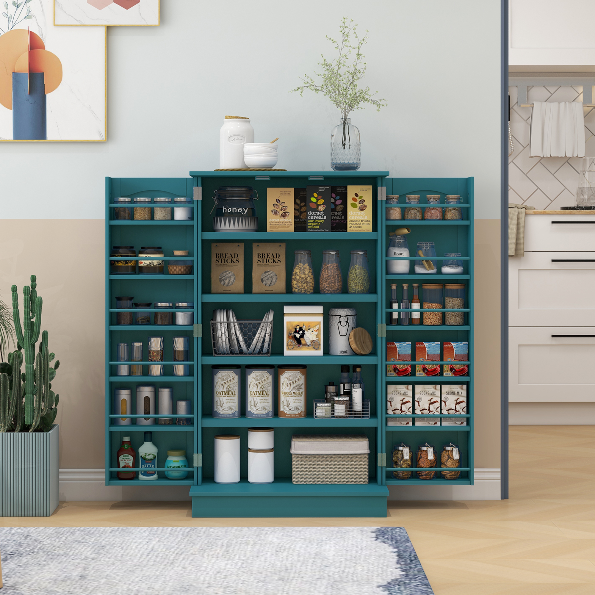 HOMCOM 41" Storage Cabinet, 2-Door Kitchen Pantry Cabinet with 5-tier Shelving, 12 Spice Racks and Adjustable Shelves, Blue Aosom Canada
