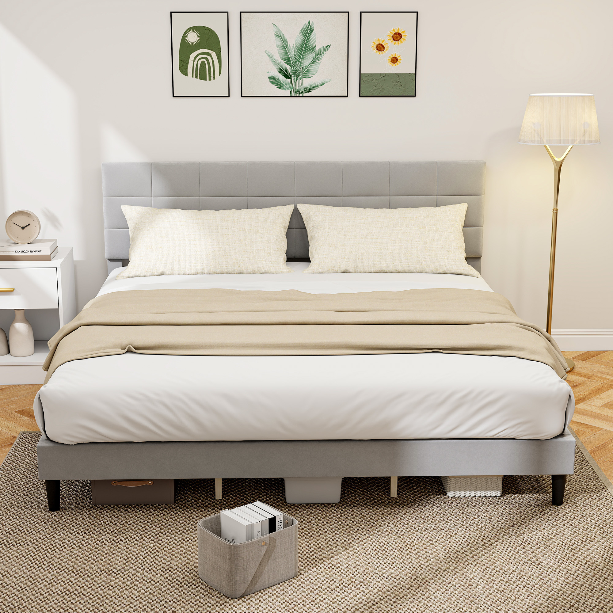 HOMCOM King Size Bed Frame with Upholstered Headboard, Modern Platform Bed Frame with Wood Slats, 1100 lbs Capacity, Grey Aosom Canada