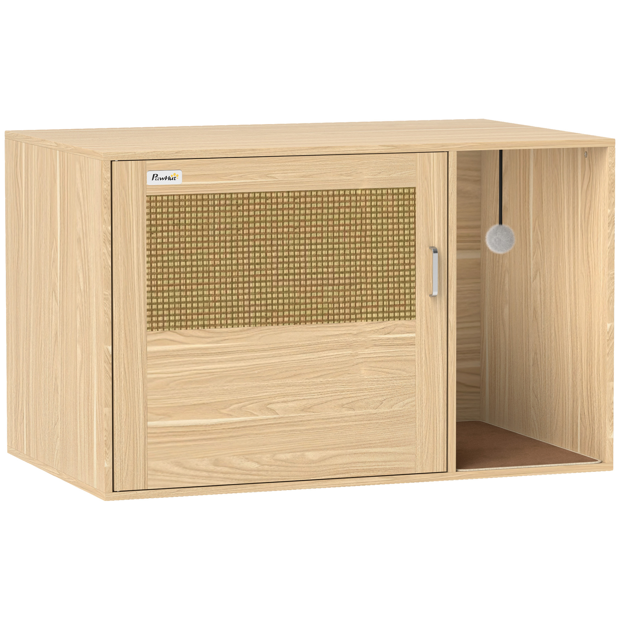 Feline Washroom End Side Surface with Rattan Entry, Feline Litter Container Enclosure, Scratching Pad, Non-slip Foot Pads, Oak 1