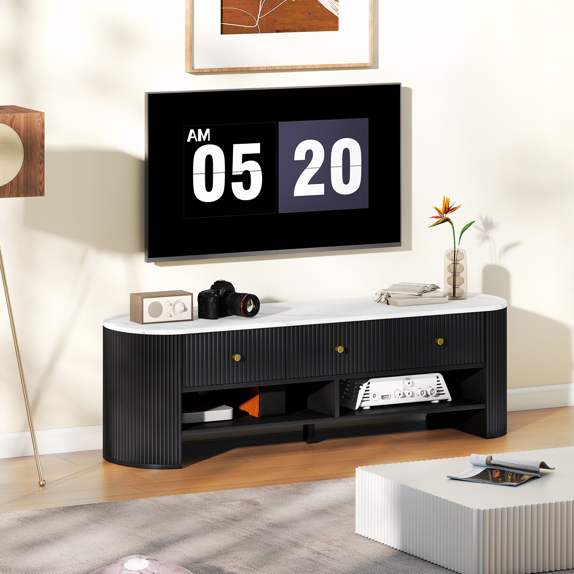 HOMCOM TV Stand, Modern TV Table with Marble-Effect Top, 3 Drawers and 2 Open Shelves for 32-65 Inch Television, Black Aosom Canada