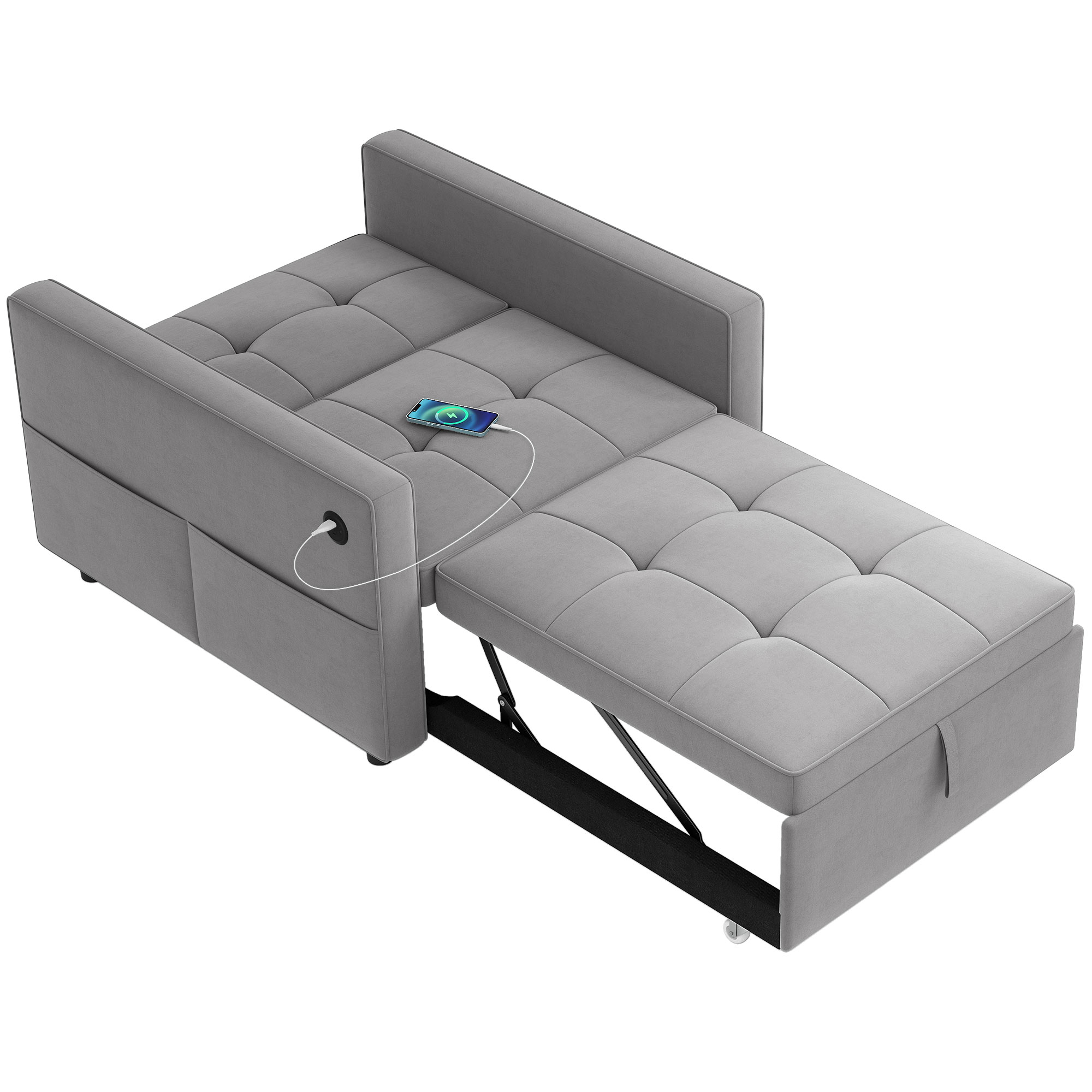 Pull Out Sleeper Seating with USB, Convertible Seating Sleep, Adjustable-Height Backrest, Compact Velvet Futon Sofa Sleep, Grey 1