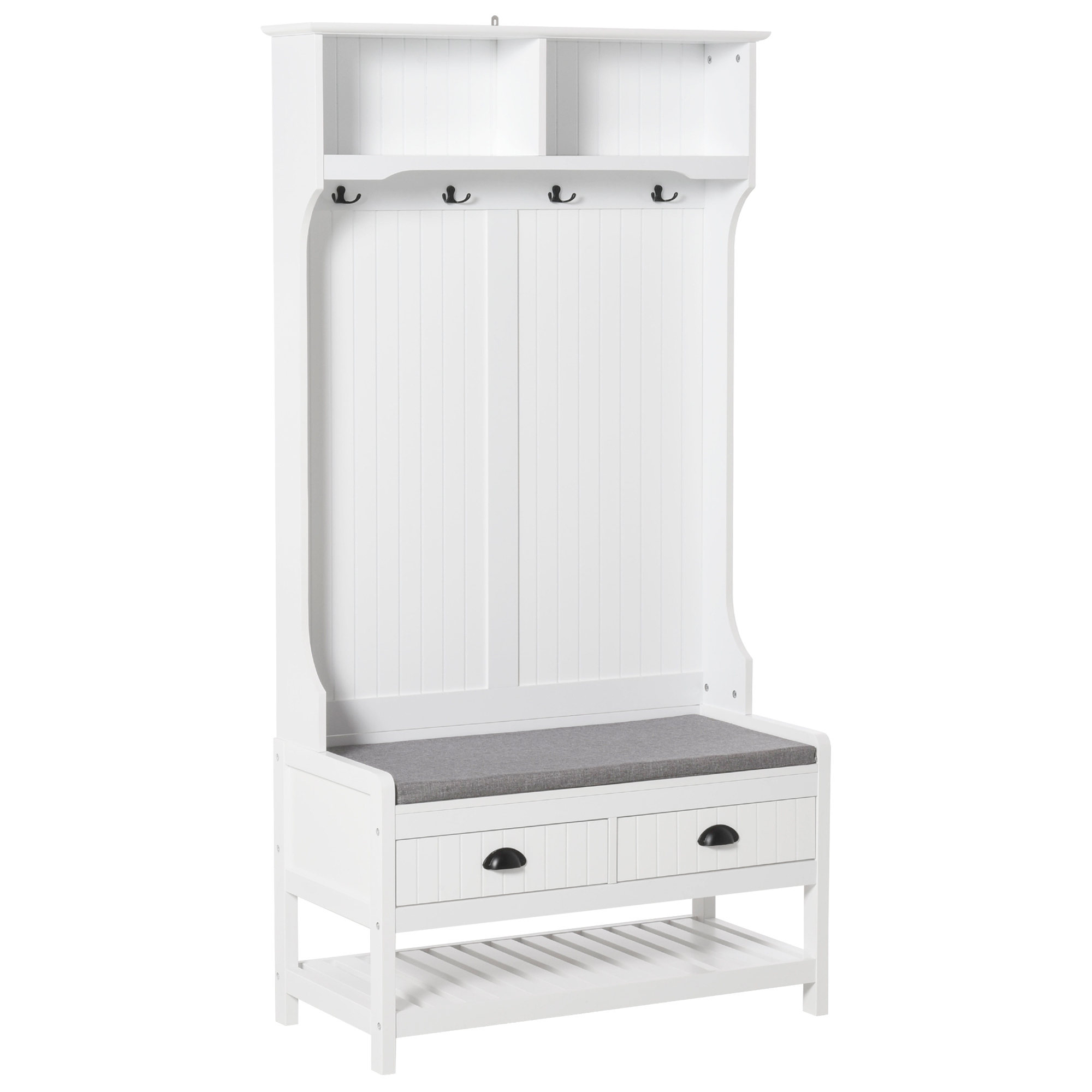 Hall Tree with Seating Bench and Footwear Organizer, Coat Holder Footwear Seating Bench, Entryway Seating Bench with 4 Hooks, 2 Drawers, 2 Shelves, White 1