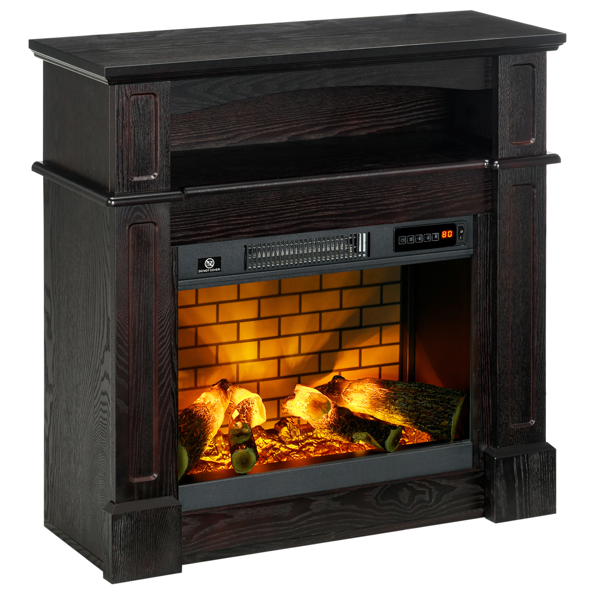 HOMCOM 32" Electric Fireplace with Mantel, Freestanding Heater with LED Log Flame, Shelf and Remote Control, 1400W, Brown