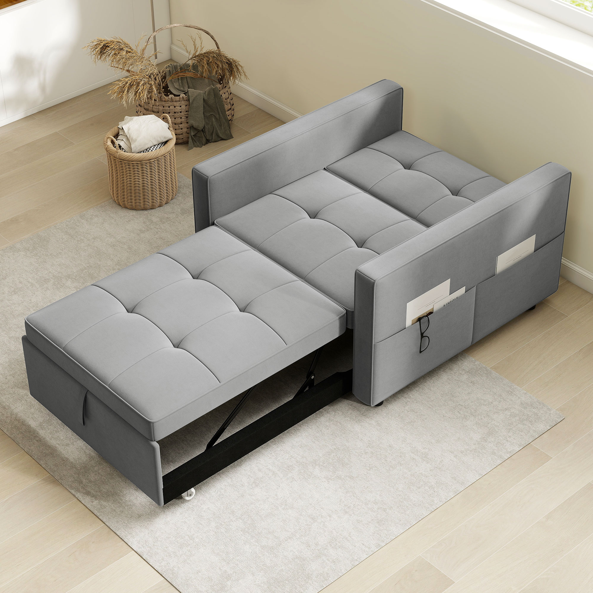 Pull Out Sleeper Seating with USB, Convertible Seating Sleep, Adjustable-Height Backrest, Compact Velvet Futon Sofa Sleep, Grey 2