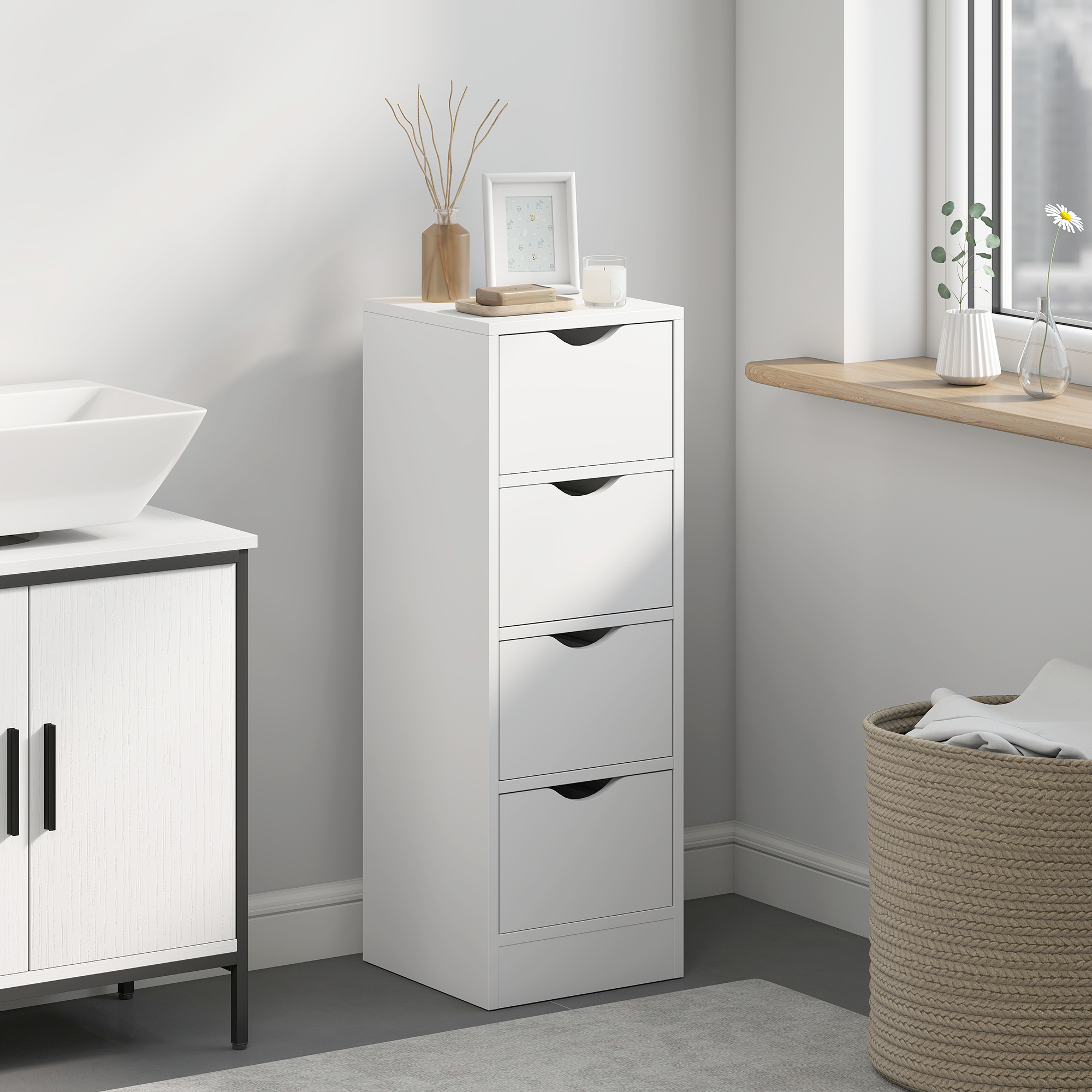 HOMCOM 4-Drawer Bathroom Cabinet, Freestanding Narrow Storage Cabinet with Groove Handles for Small Spaces, White | Aosom Canada