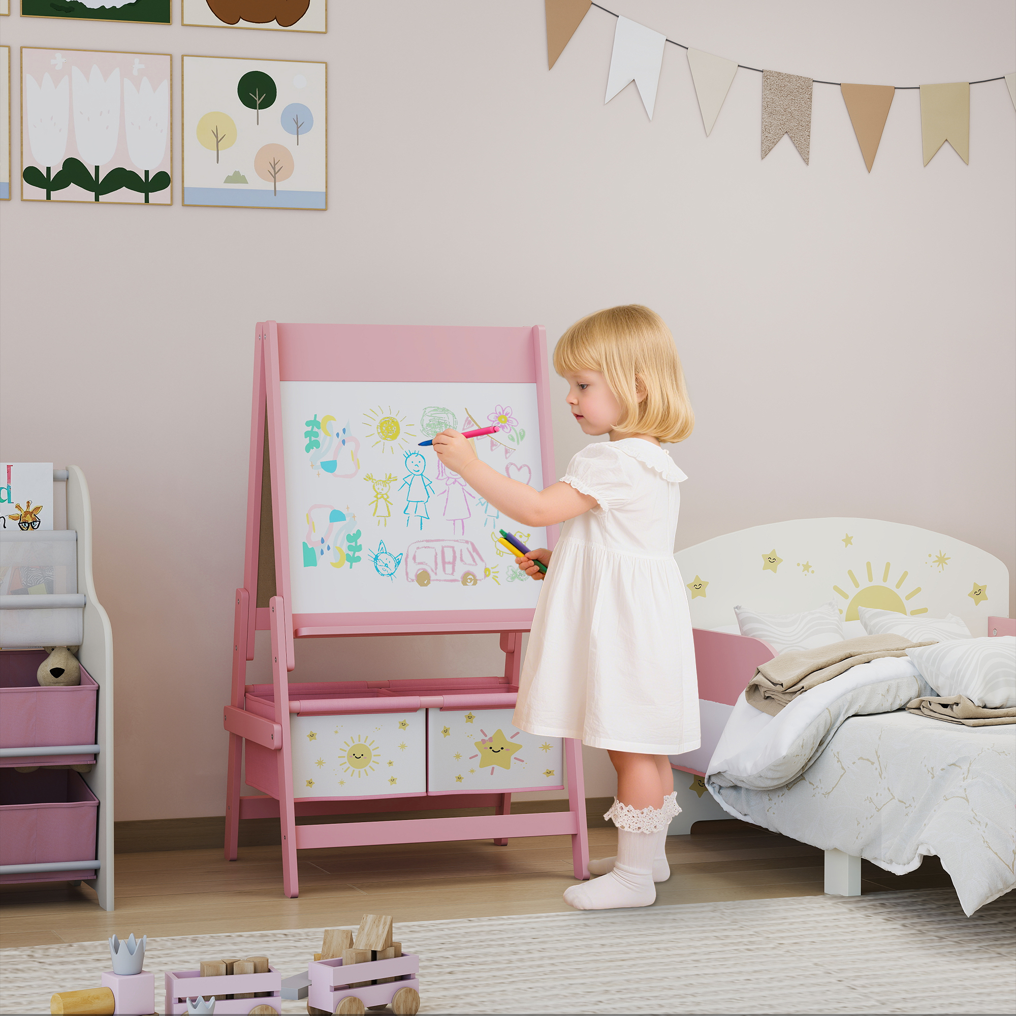 Qaba Art Easel for Kids, Double-Sided Whiteboard & Chalkboard with Paper Roll, 2 Storage Boxes, Gift for Boys, Girls, Pink Aosom Canada