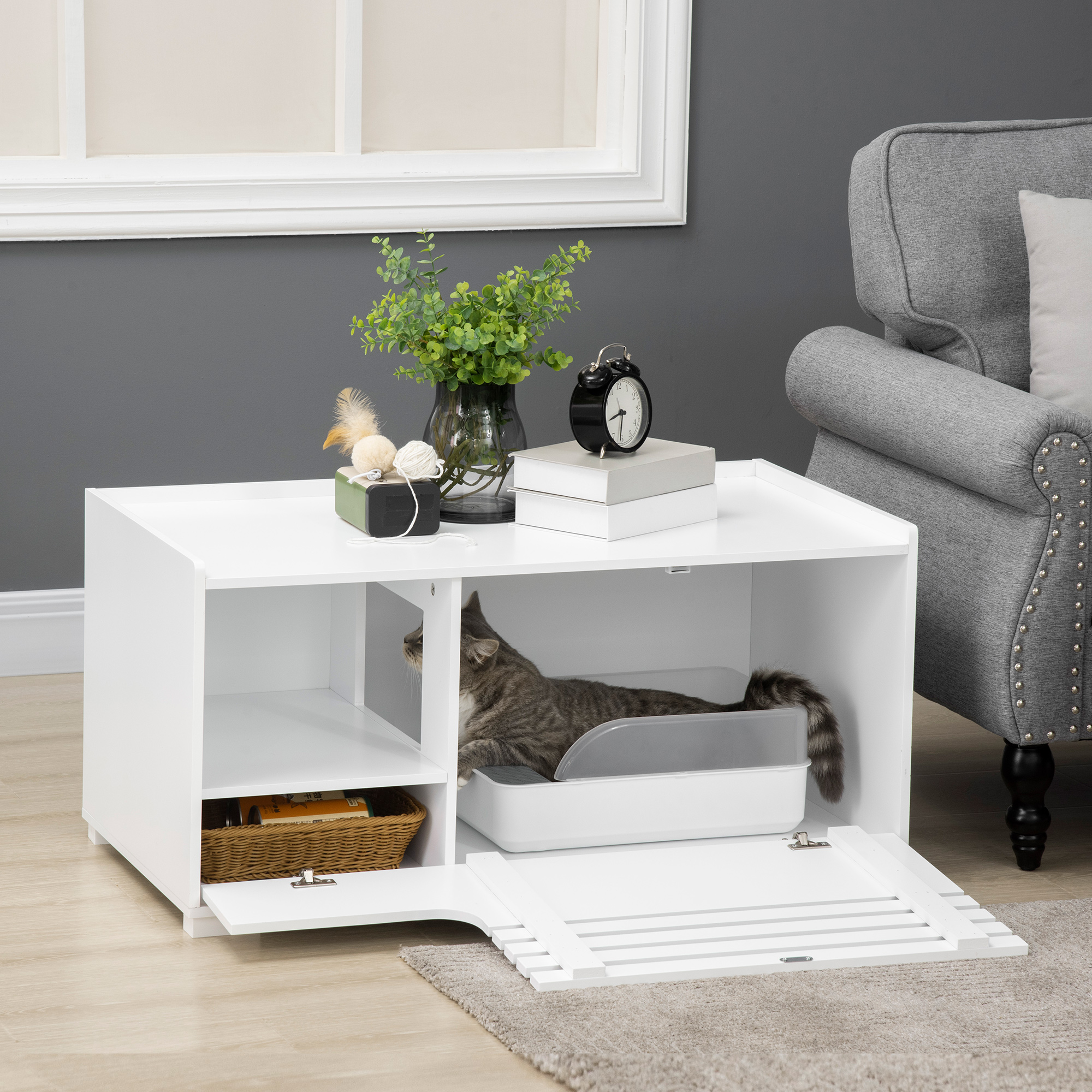 PawHut Hidden Cat Litter Box Furniture, Cat Litter Box Enclosure with Storage Compartments and Side Table Function, White Aosom Canada