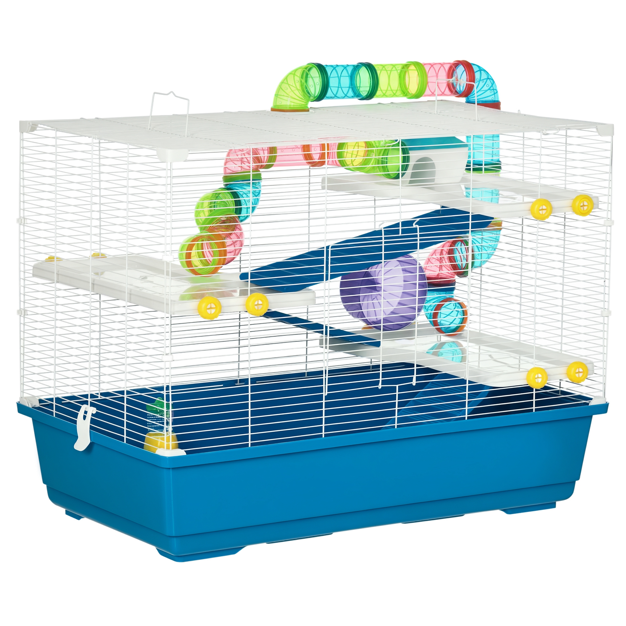 PawHut 31" Extra Large Hamster Cage with Tubes and Tunnels, 4 Tier Small Animal Cage with Portable Carry Handles, Rat Gerbil Cage with Water Bottle, F
