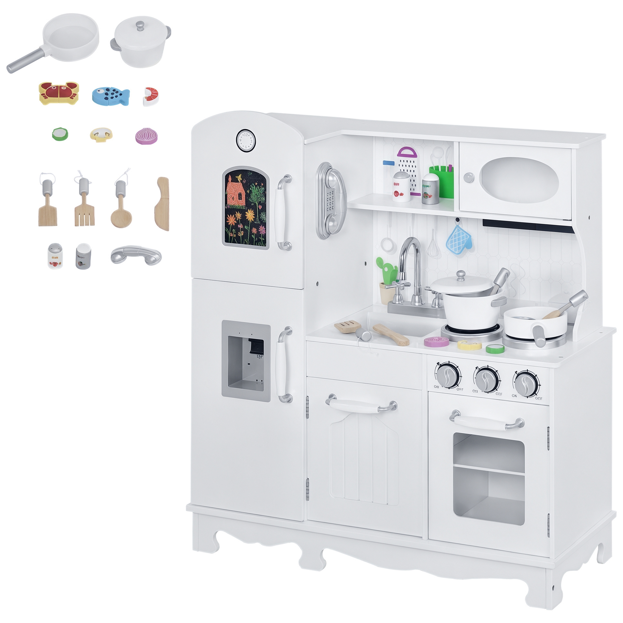 Qaba Kids Kitchen Playset with Telephone, Wooden Kitchenette for kids with Cookware, Storage Cabinet, Water Dispenser, Blackboard, Toddler Pretend Pla
