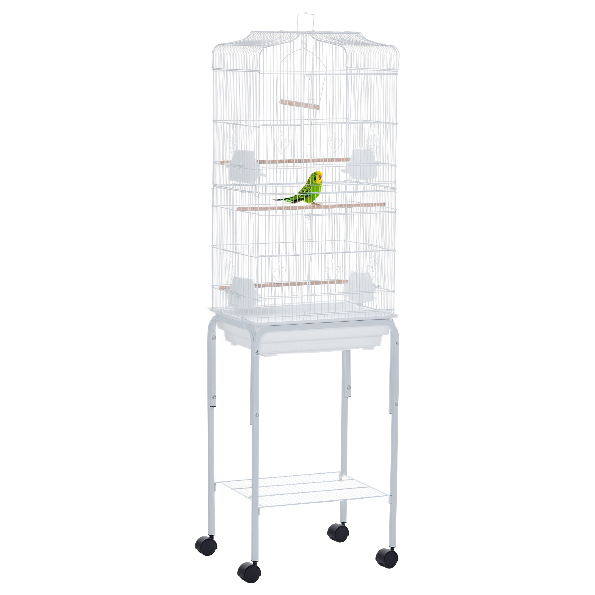 PawHut 60" Metal Indoor Bird Cage Starter Kit with Detachable Rolling Stand, Storage Basket, and Accessories, White