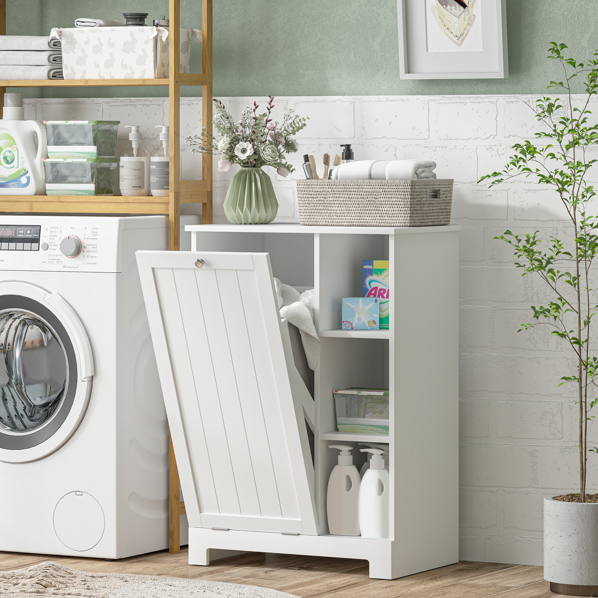 HOMCOM Laundry Cabinet with Removable Basket, Tilt Out Laundry Hamper with Adjustable Shelf and Open Compartments, White Aosom Canada