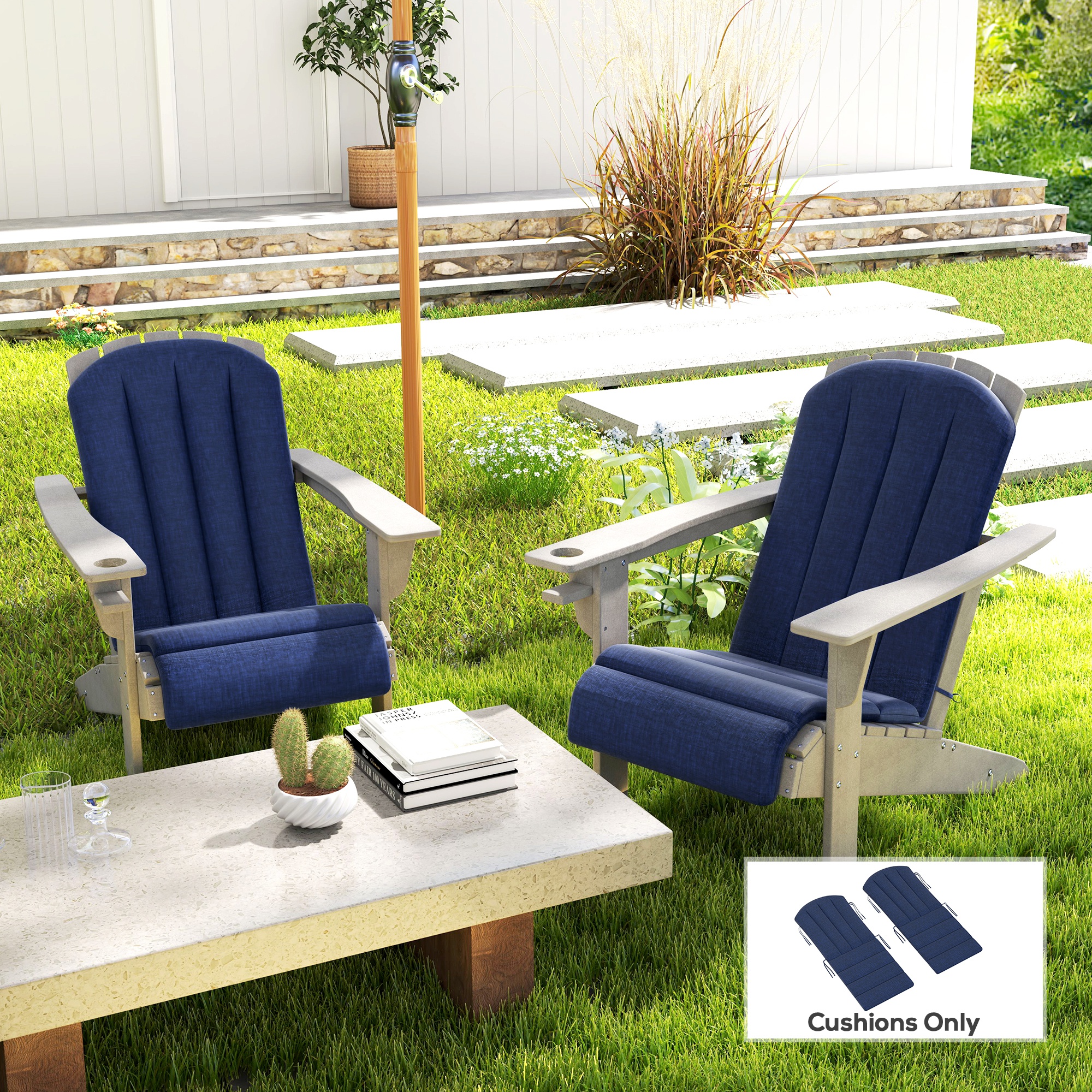 FILUXE Adirondack Chair Cushions Set - Waterproof Outdoor Patio Cushions With Ties, Royal Blue