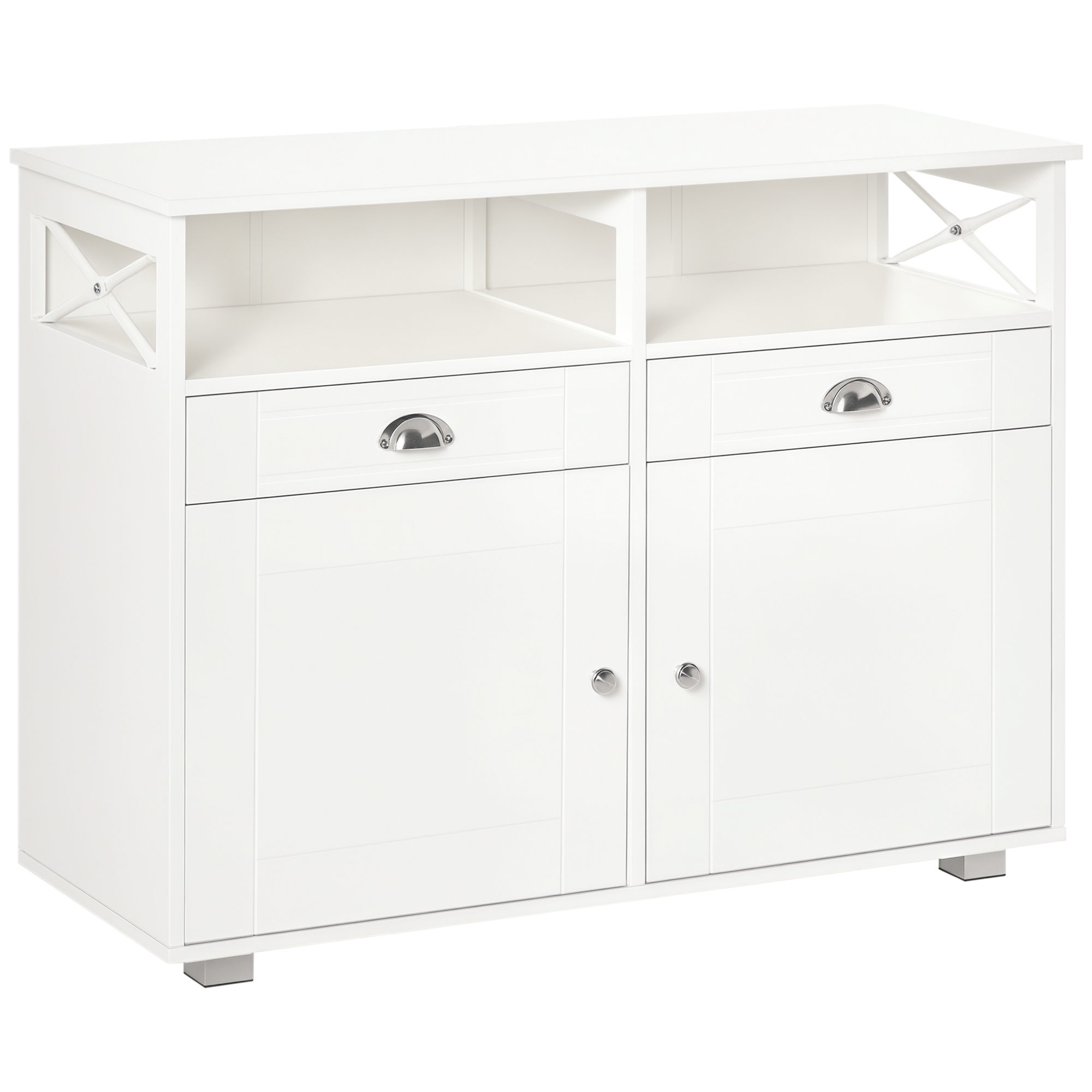 HOMCOM Sideboard Buffet Cabinet, Coffee Bar Cabinet, Kitchen Cabinet with Storage Drawers, Large Tabletop and Crossbar Side Design, White