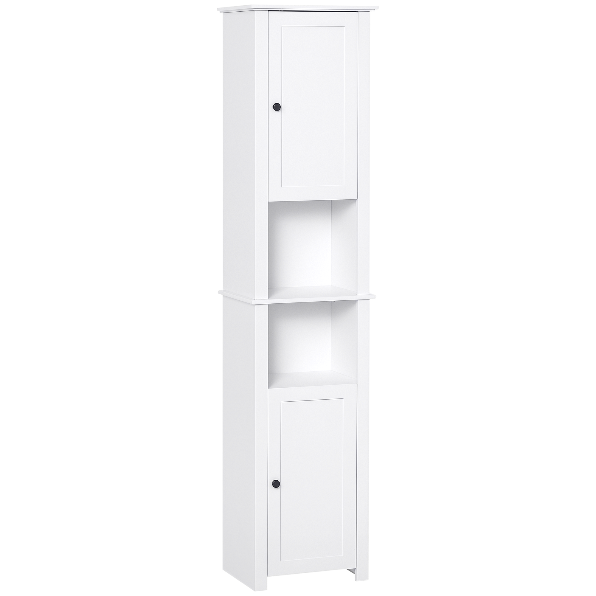 HOMCOM Tall Bathroom Storage Cabinet, Freestanding Linen Tower with 2-Tier Shelf and 2 Cabinets, Narrow Side Floor Organizer, White