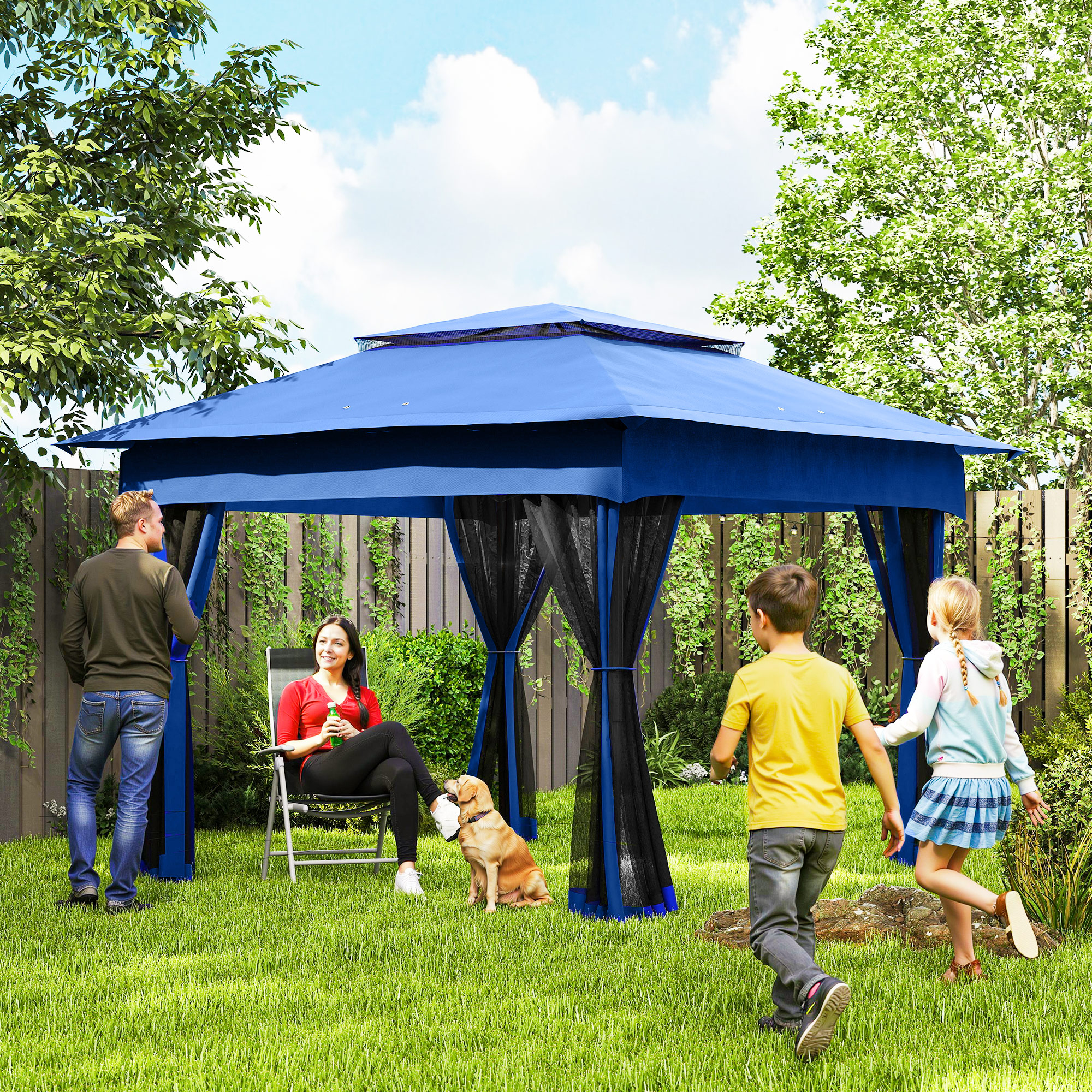 Outsunny 11ft x 11ft Blue Outdoor Portable Pop-Up Canopy Tent, Windproof Patio Gazebo with Zipper Netting & Carry Bag Outsunny 11ft x 11ft Blue Outdoor Portable Pop-Up Canopy Tent, Windproof Patio Gazebo with Zipper Netting & Carry Bag