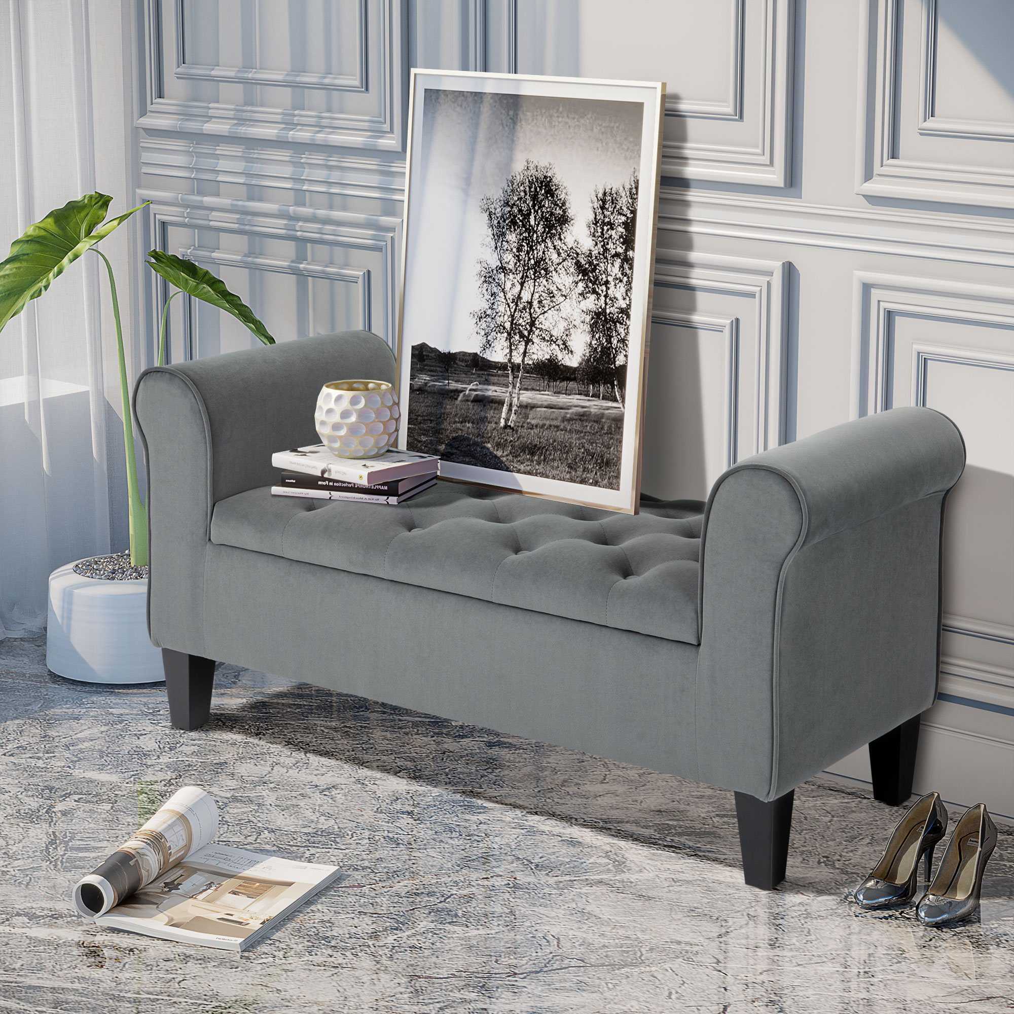 HOMCOM Ottoman with Storage Bench, Fabric Storage Bench with Rolled Arms, Storage Chest, for Living Room, Entryway, Grey Aosom Canada