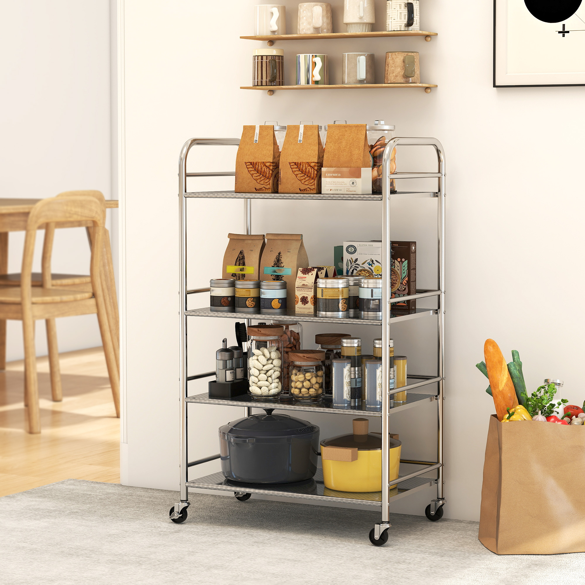 HOMCOM 4 Tier Stainless Steel Rolling Cart with Adjustable Shelves ...