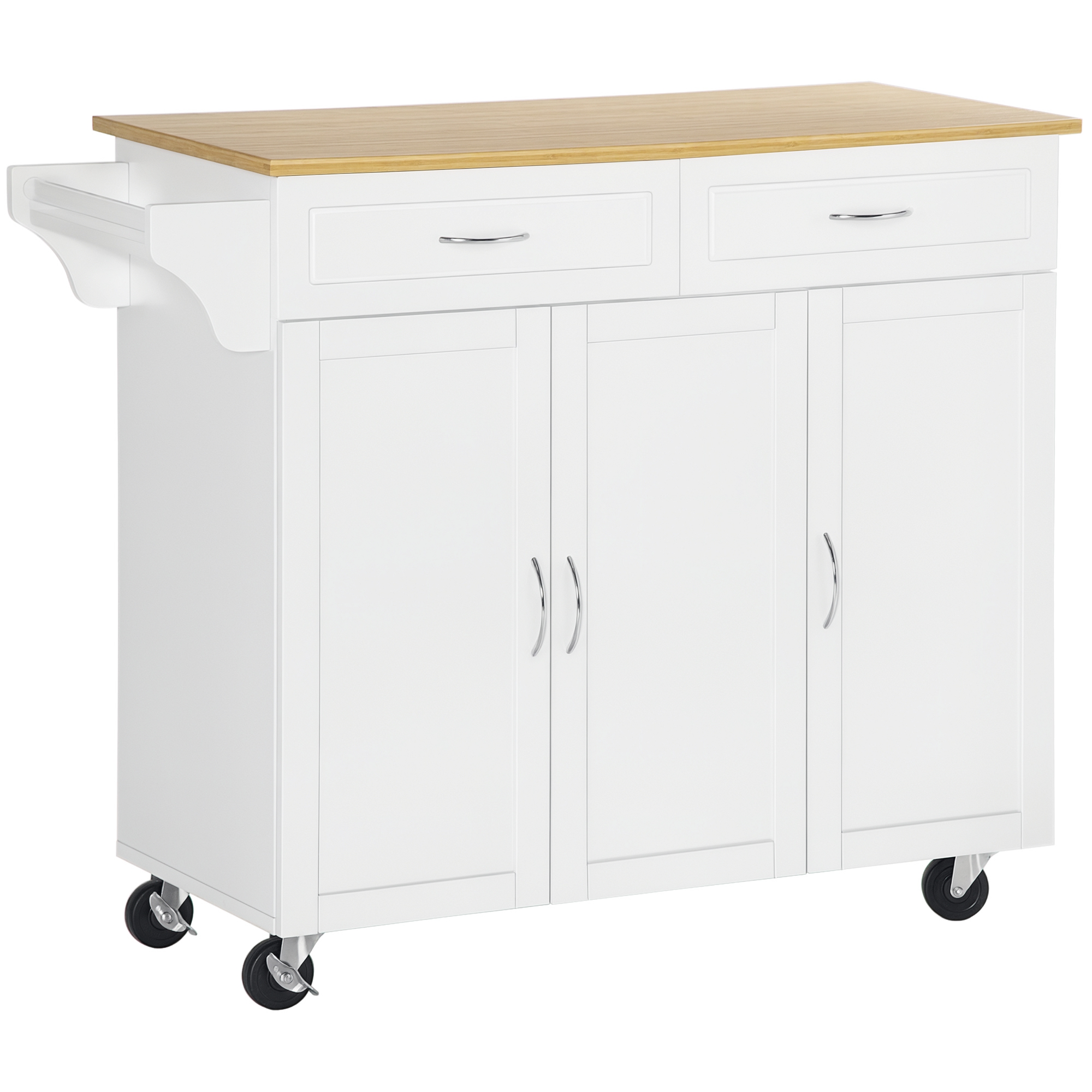 HOMCOM Rolling Kitchen Island Cart on Wheels with Large Bamboo Countertop, 2 Cabinets with Drawers, Adjustable Shelves, White