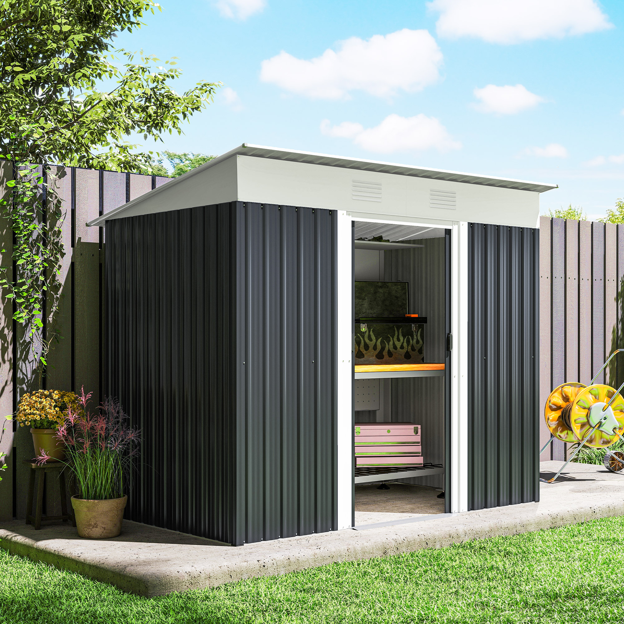 ボトムス tinytinydoors 80 Outsunny 7' x 4' Outdoor Storage Shed with Lockable Sliding