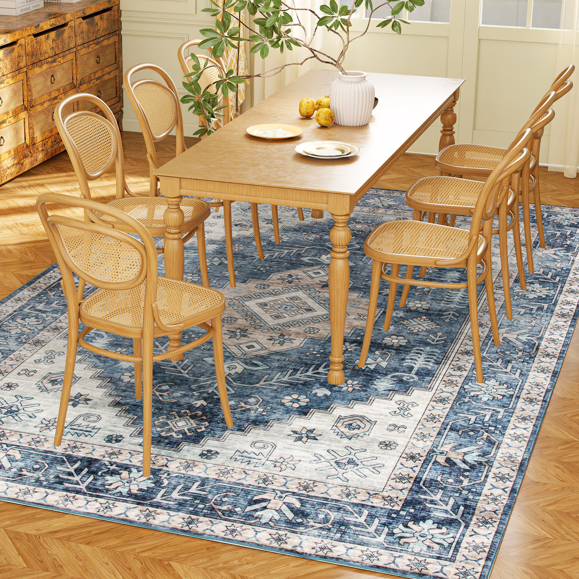 HOMCOM 5x7 Area Rug, Vintage Washable Rug, Non-Slip Floor Carpet for Living Room, Bedroom, Dining Room, Blue