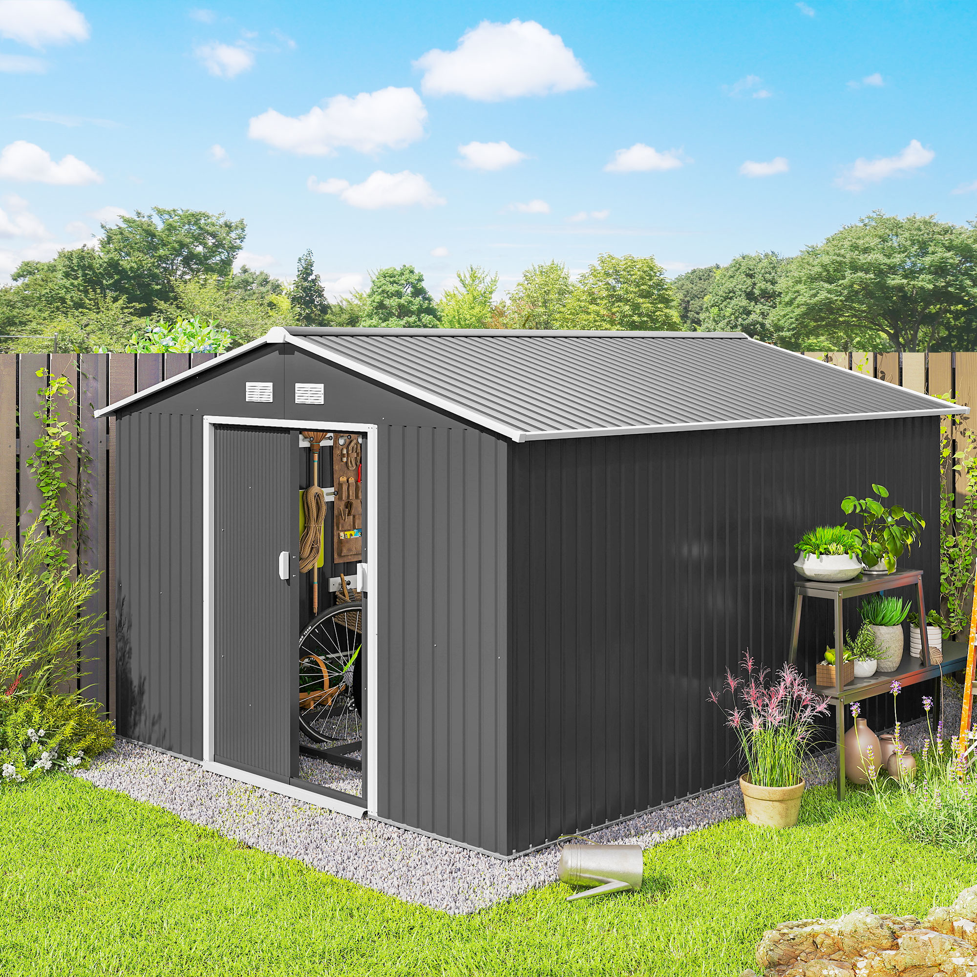 Outsunny 10.6 ft x 9.1 ft Outdoor Metal Storage Shed with 2 Doors