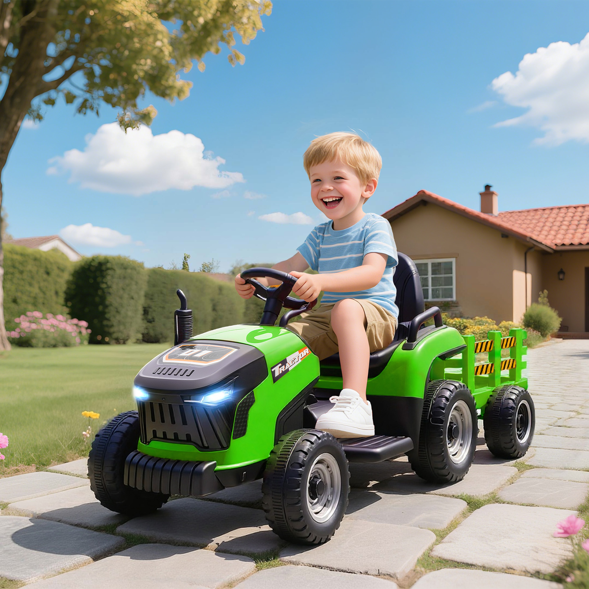 Qaba 12V Ride On Tractor for Ages 3-8 with Trailor, Remote Control, Music, Lights, Shifter, Green Aosom Canada