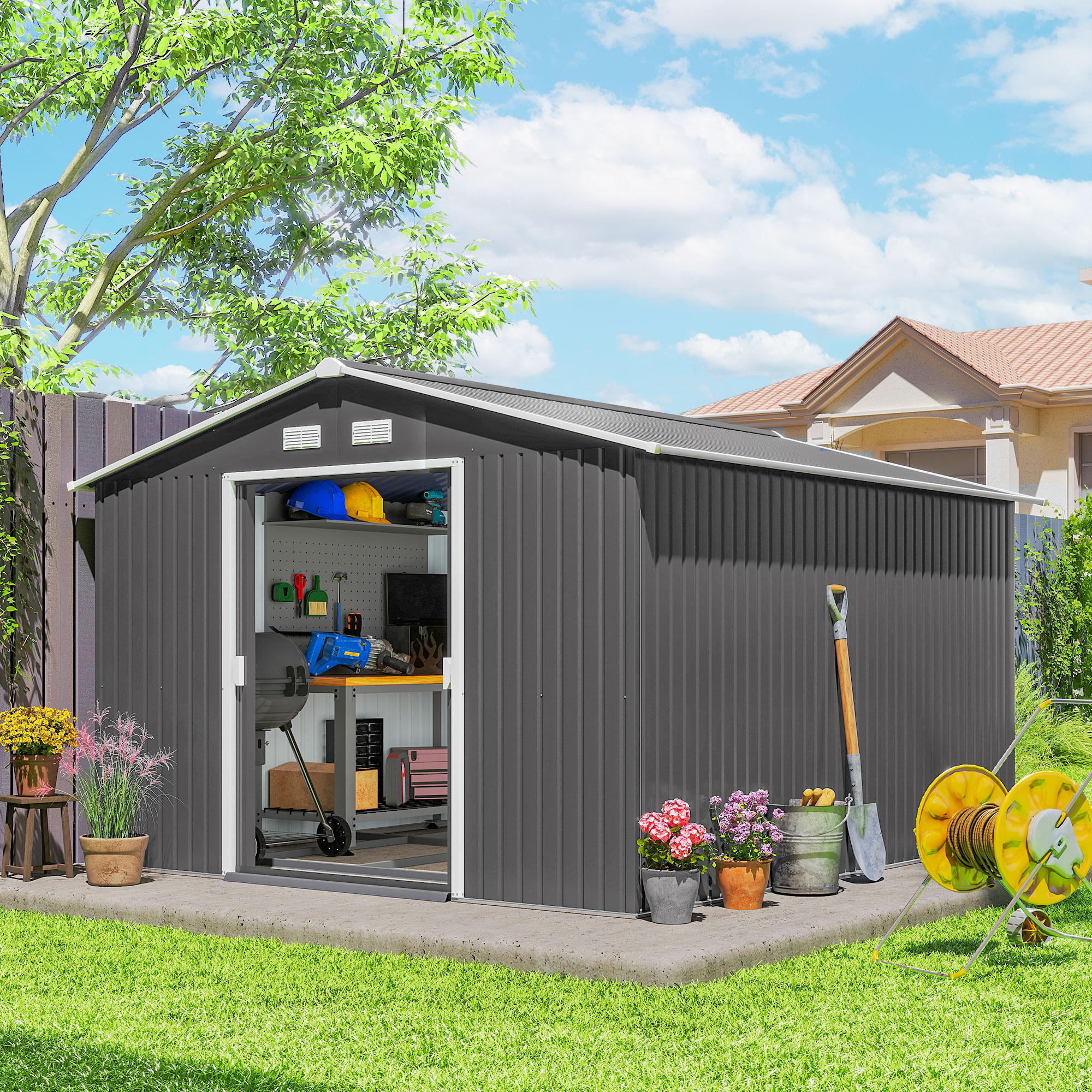 Outsunny 10.6 ft x 9.1 ft Outdoor Metal Storage Shed with 2 Doors
